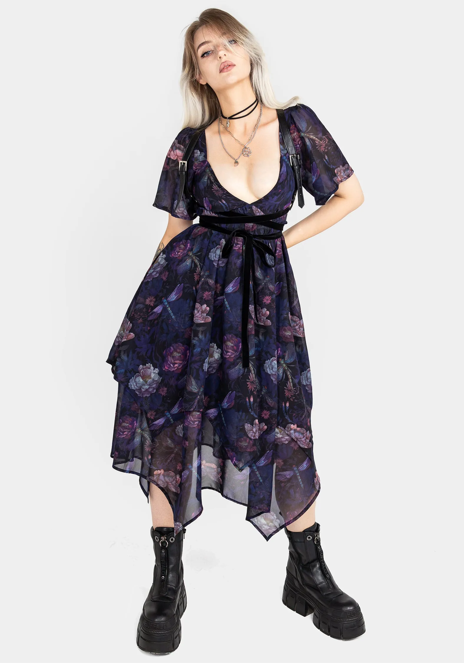Dragonfly Floral Print Chiffon Handkerchief Hem Dress sold by Disturbia product image thumbnail 4