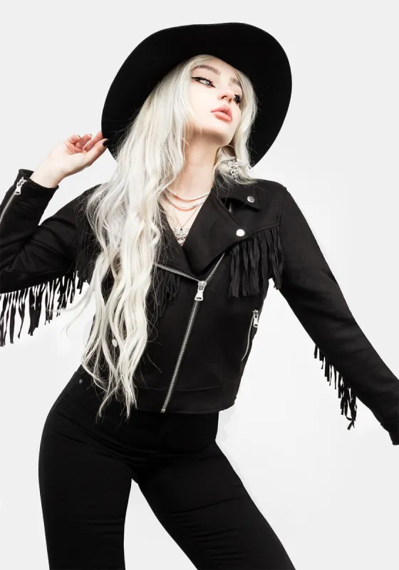 CHERILYN FAUX LEATHER FRINGED JACKET sold by Disturbia