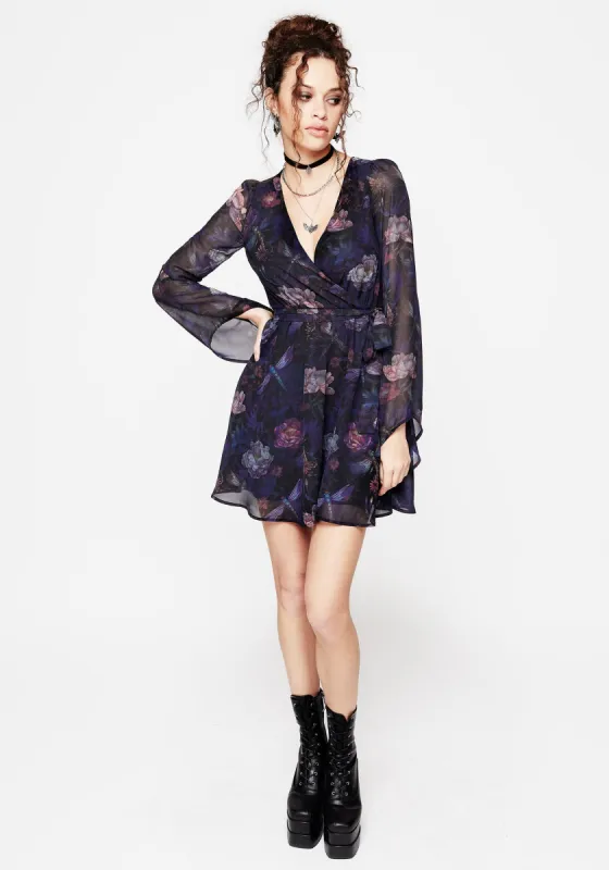 Dragonfly Floral Print Flute Sleeve Chiffon Mini Dress sold by Disturbia