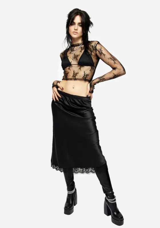 Medeina Lace Trim Satin Midi Skirt - Midnight Black sold by Disturbia