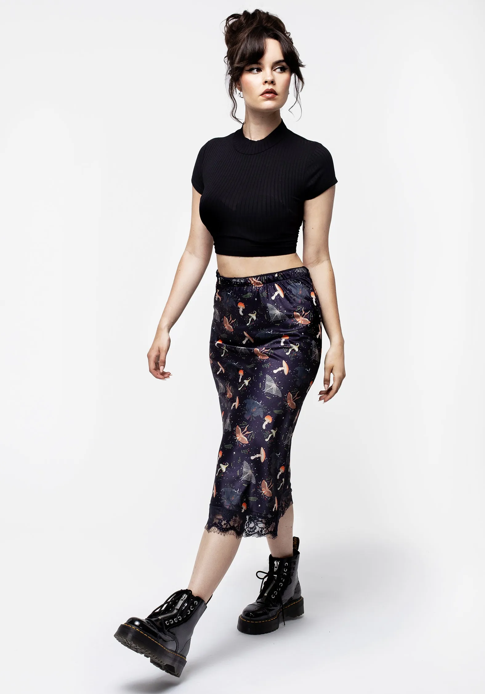 Medeina Print Lace Trim Satin Midi Skirt sold by Disturbia product image thumbnail 4