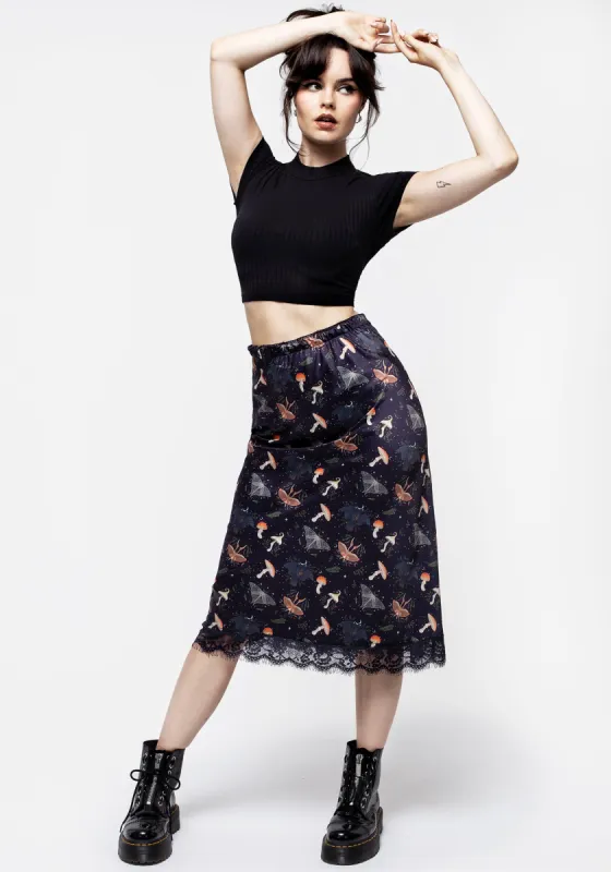 Medeina Print Lace Trim Satin Midi Skirt made by Disturbia