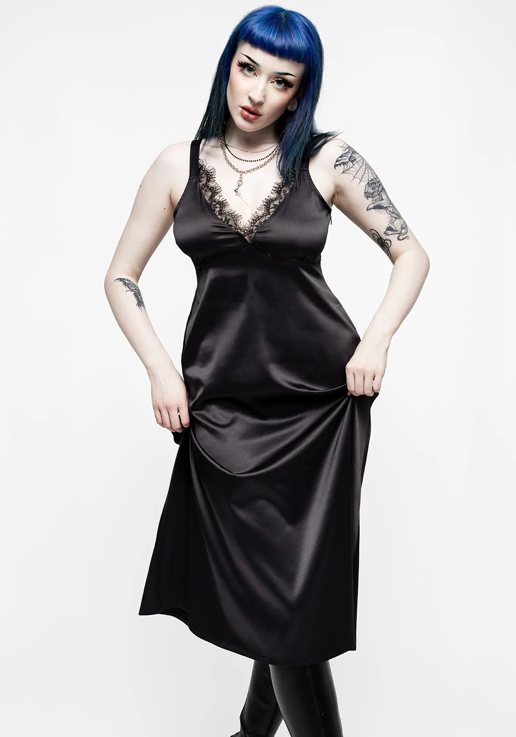 Medeina Lace Trim Satin Midi Slip Dress - Midnight Black sold by Disturbia product image thumbnail 5