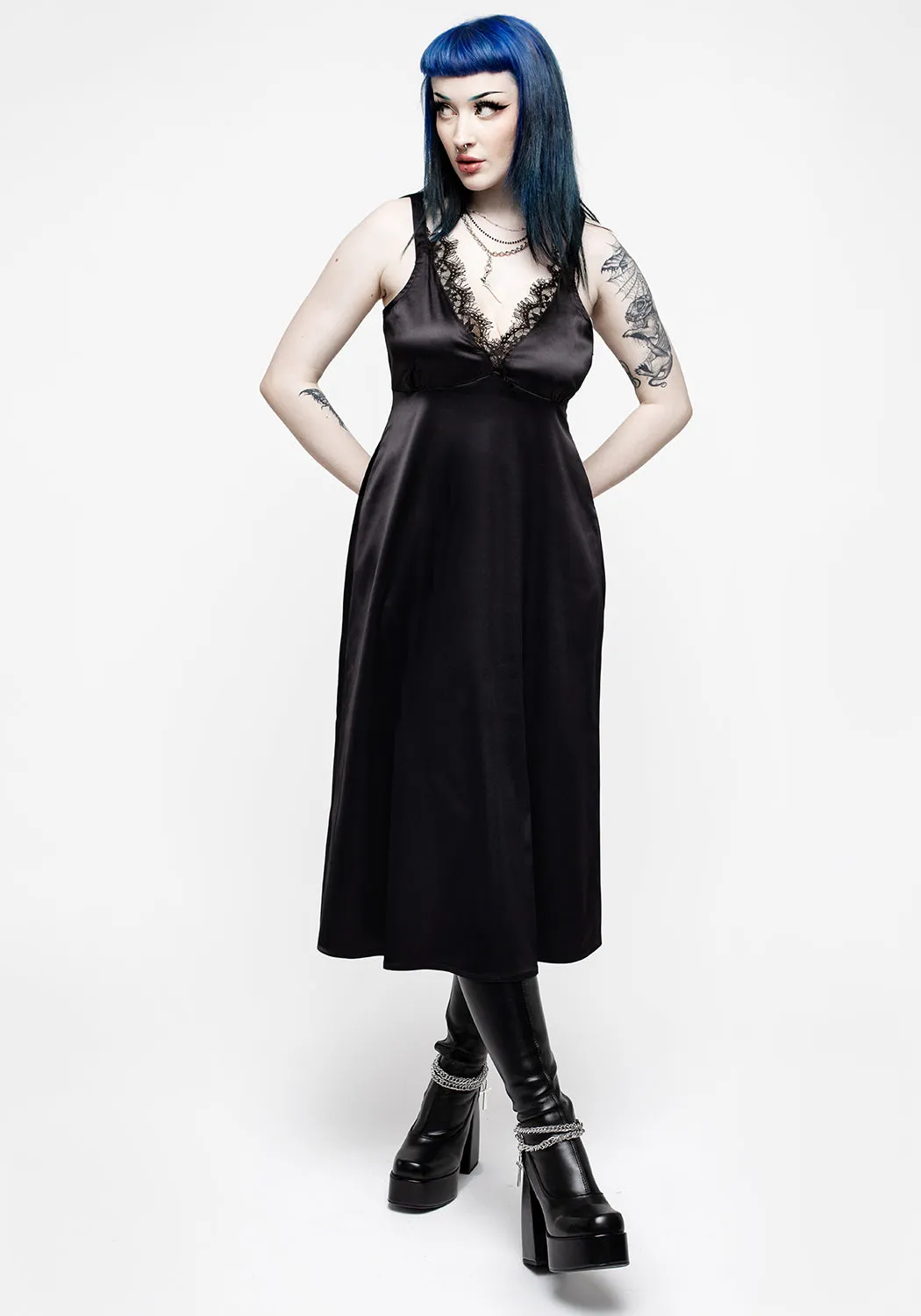 Medeina Lace Trim Satin Midi Slip Dress - Midnight Black sold by Disturbia