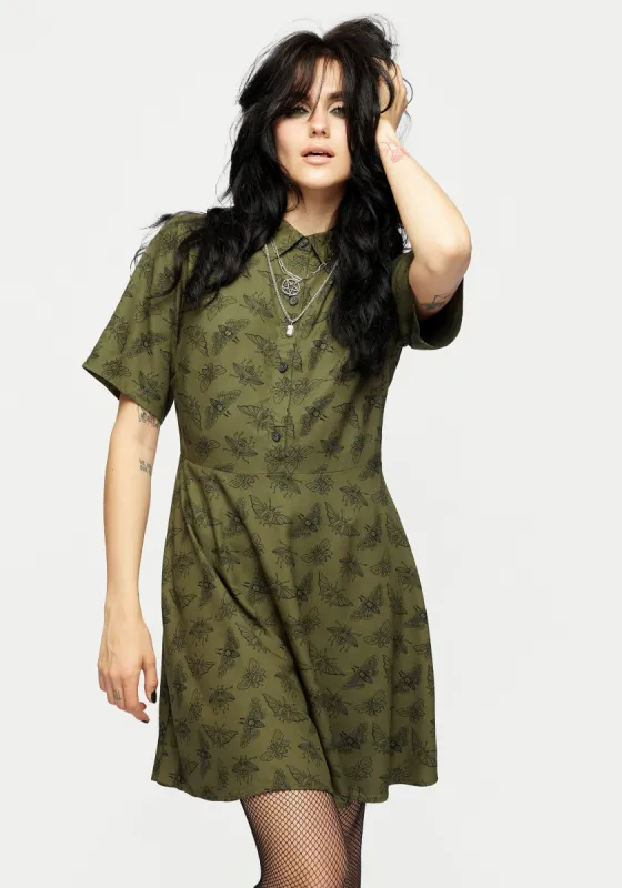 Mortmoth Print Mini Shirt Dress - Green sold by Disturbia