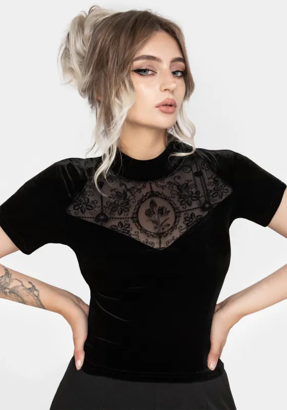 Cameo Floral Flocked Mesh Velour High Neck Top sold by Disturbia