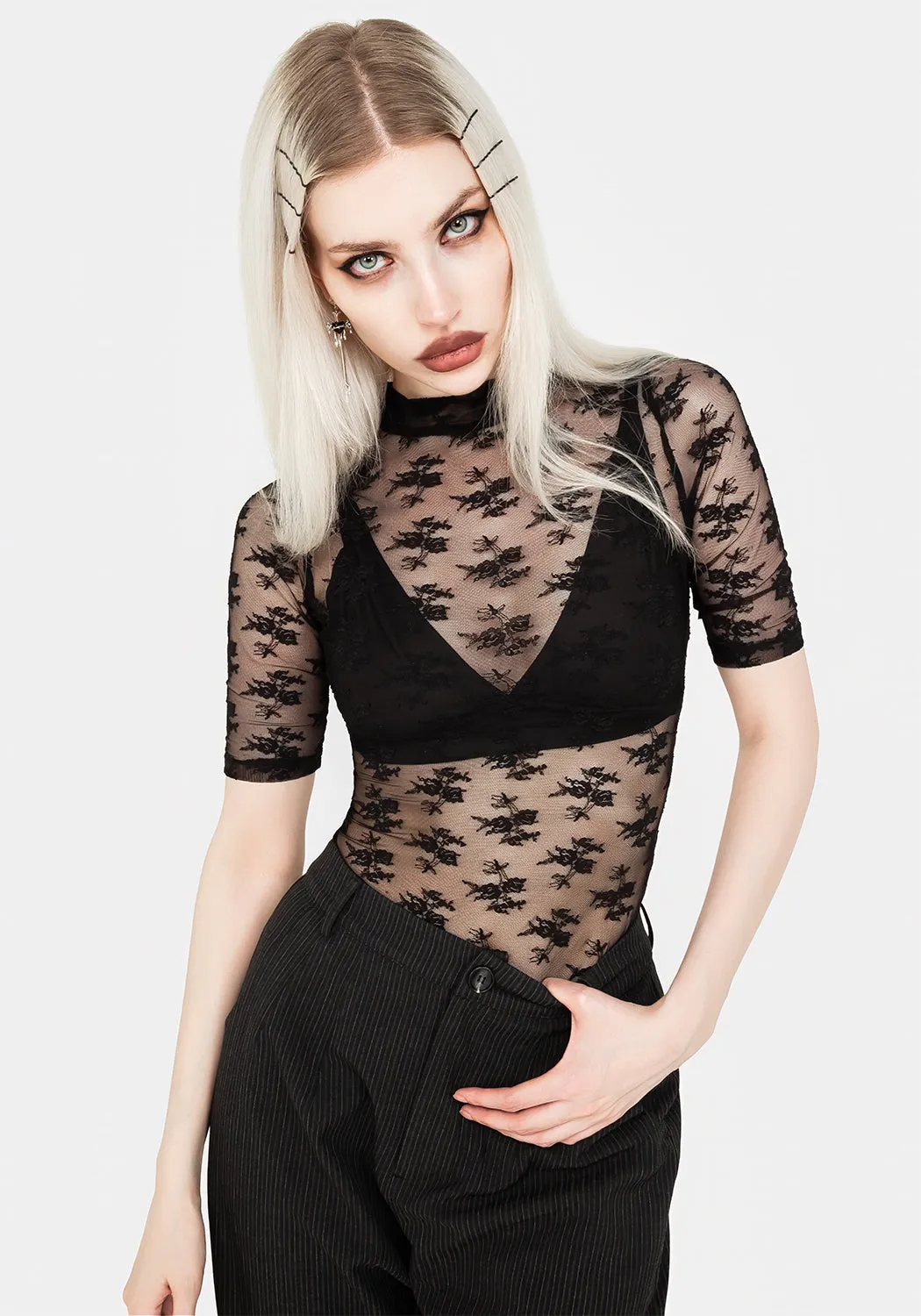 Ephemera Lace Short Sleeve Bodysuit sold by Disturbia