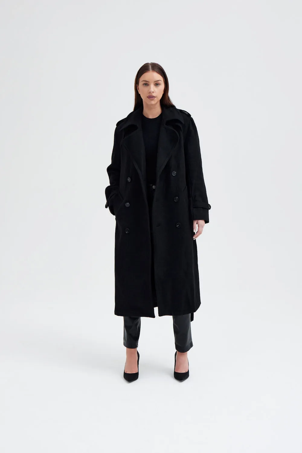 Wool Blend Belted Military Coat - Black sold by Because of Alice
