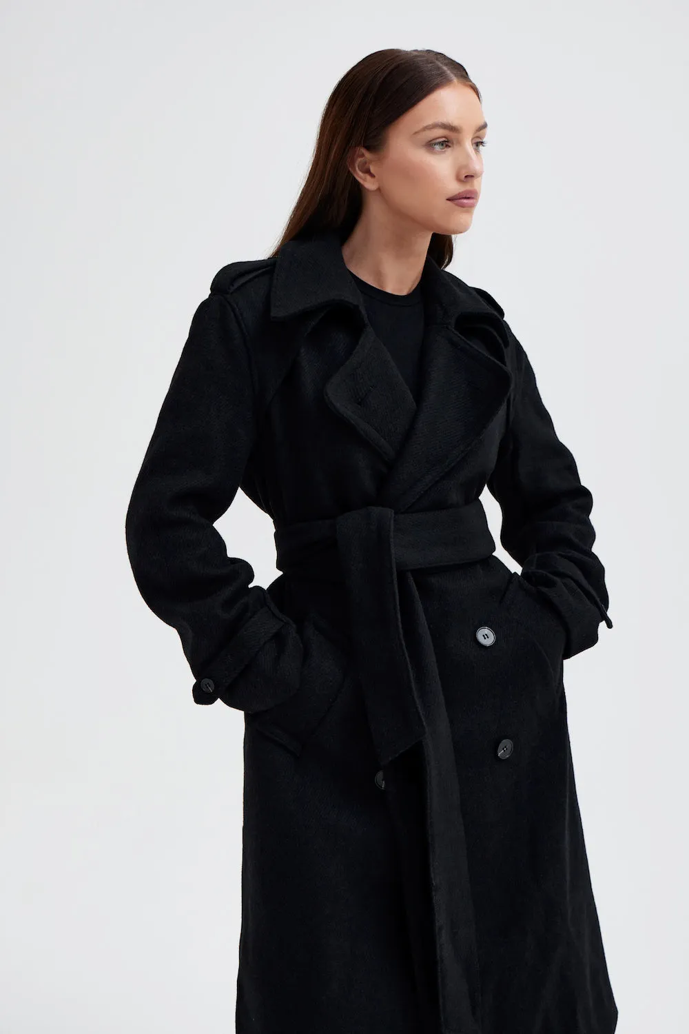 Wool Blend Belted Military Coat - Black sold by Because of Alice product image thumbnail 3