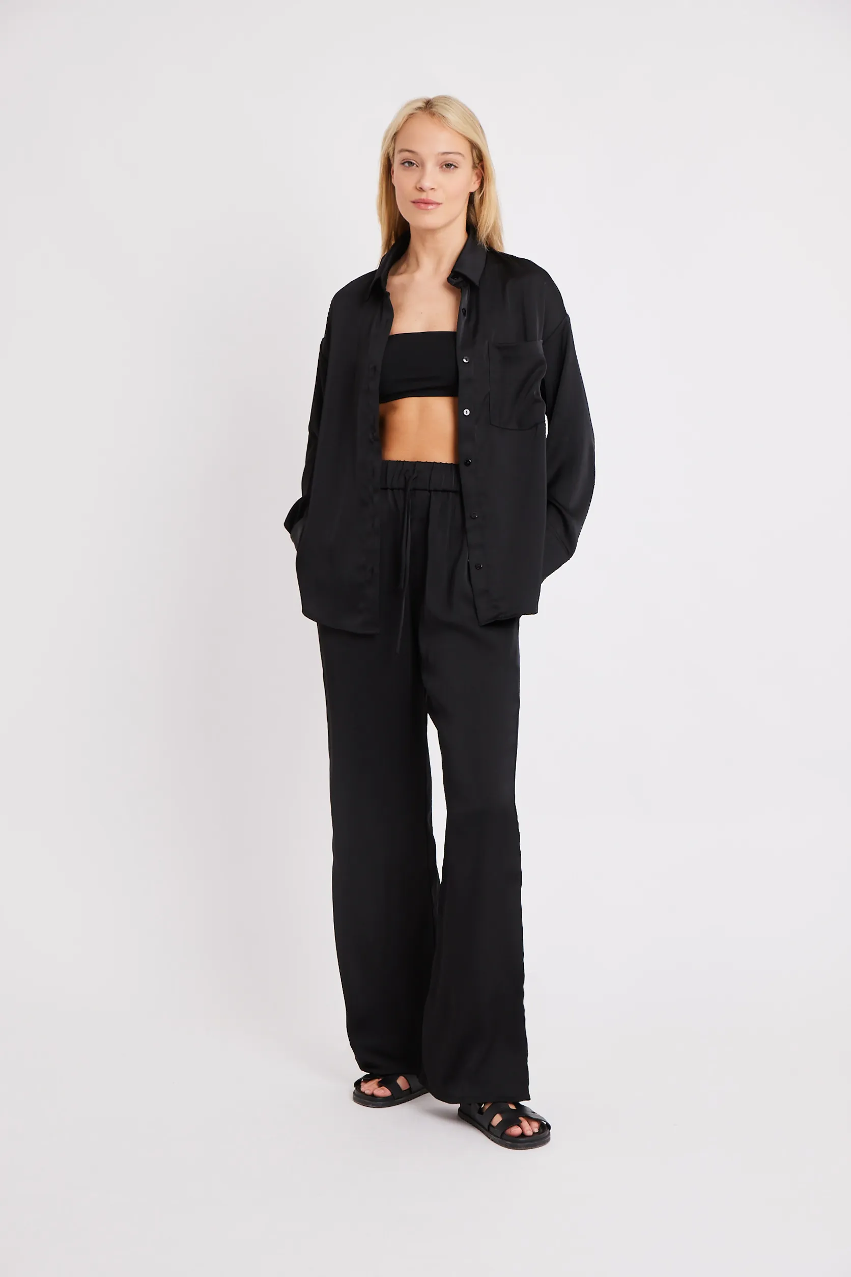 Relaxed Satin Drawstring Trousers - Black sold by Because of Alice