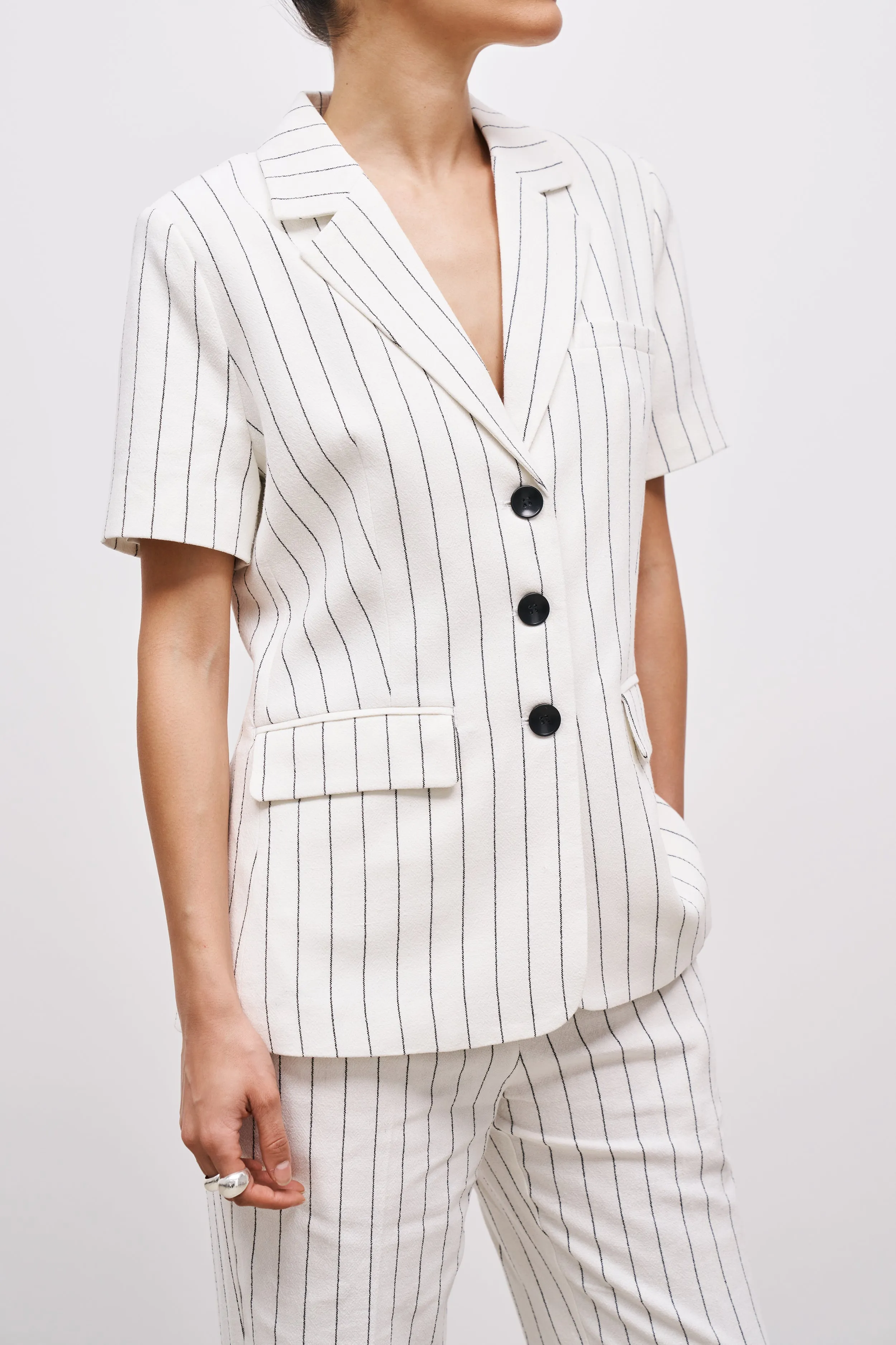 Linen Tailored Short Sleeve Blazer - Cream/Black sold by Because of Alice product image thumbnail 5