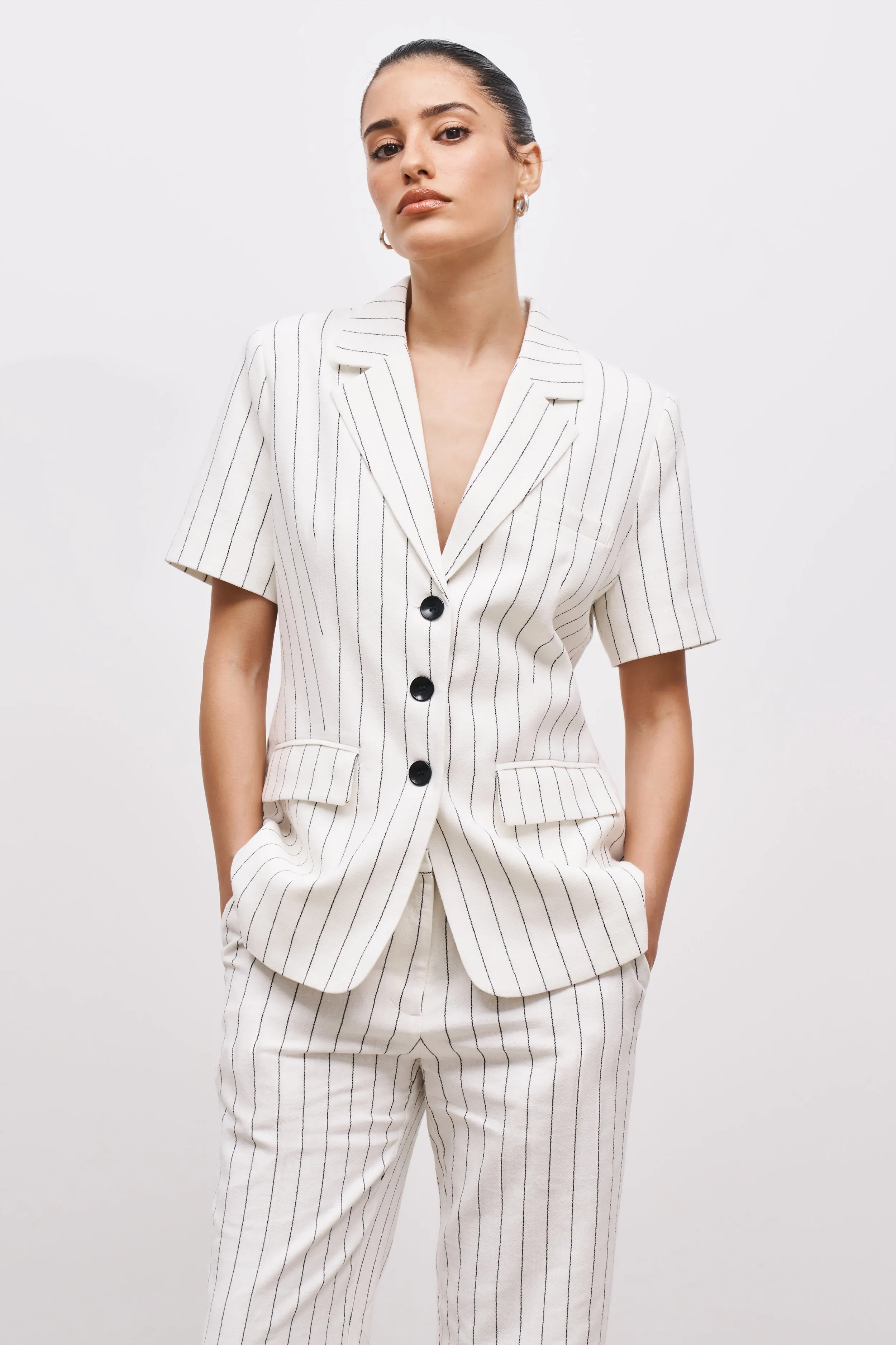 Linen Tailored Short Sleeve Blazer - Cream/Black sold by Because of Alice