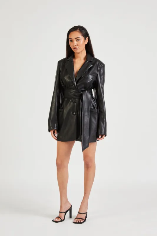 Leather Blazer Dress With Belt - Black sold by Because of Alice