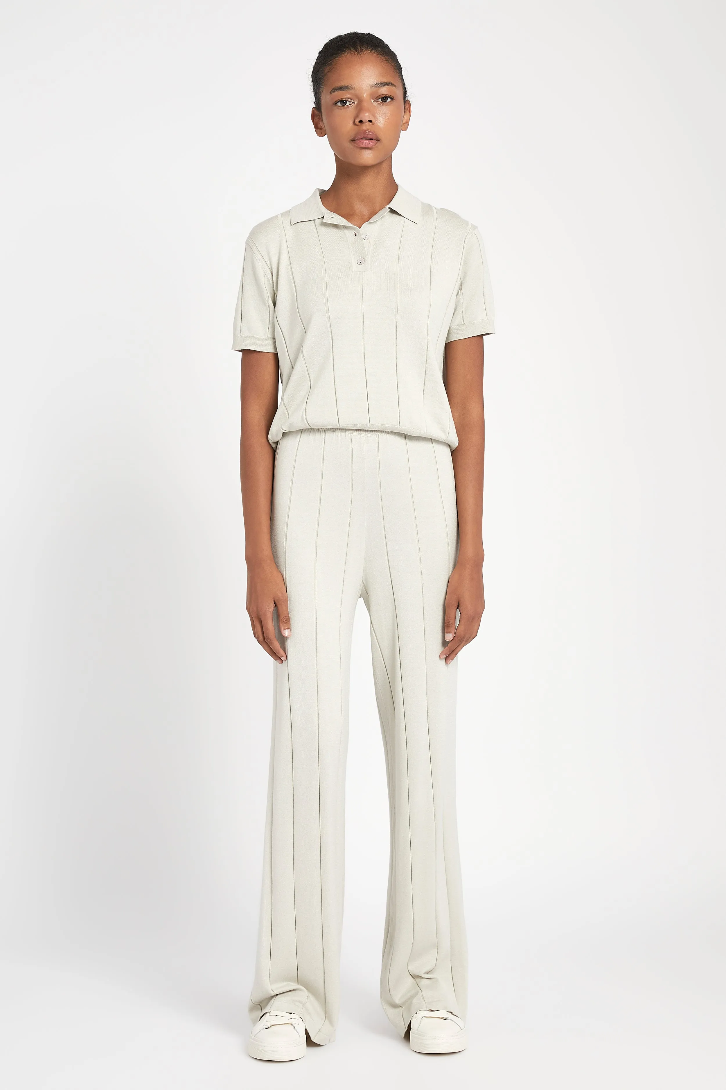 Ribbed Knit Wide Leg Trousers - Oyster sold by Because of Alice