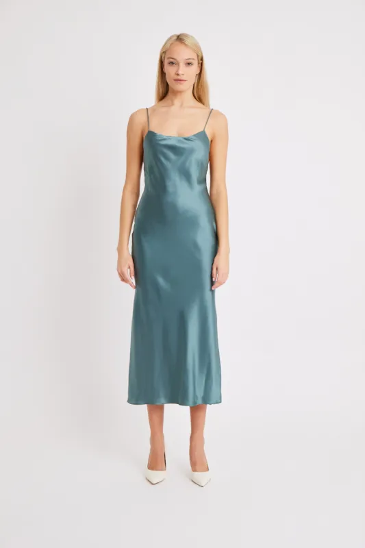 Satin Tie Back Midi Dress - Teal Blue sold by Because of Alice
