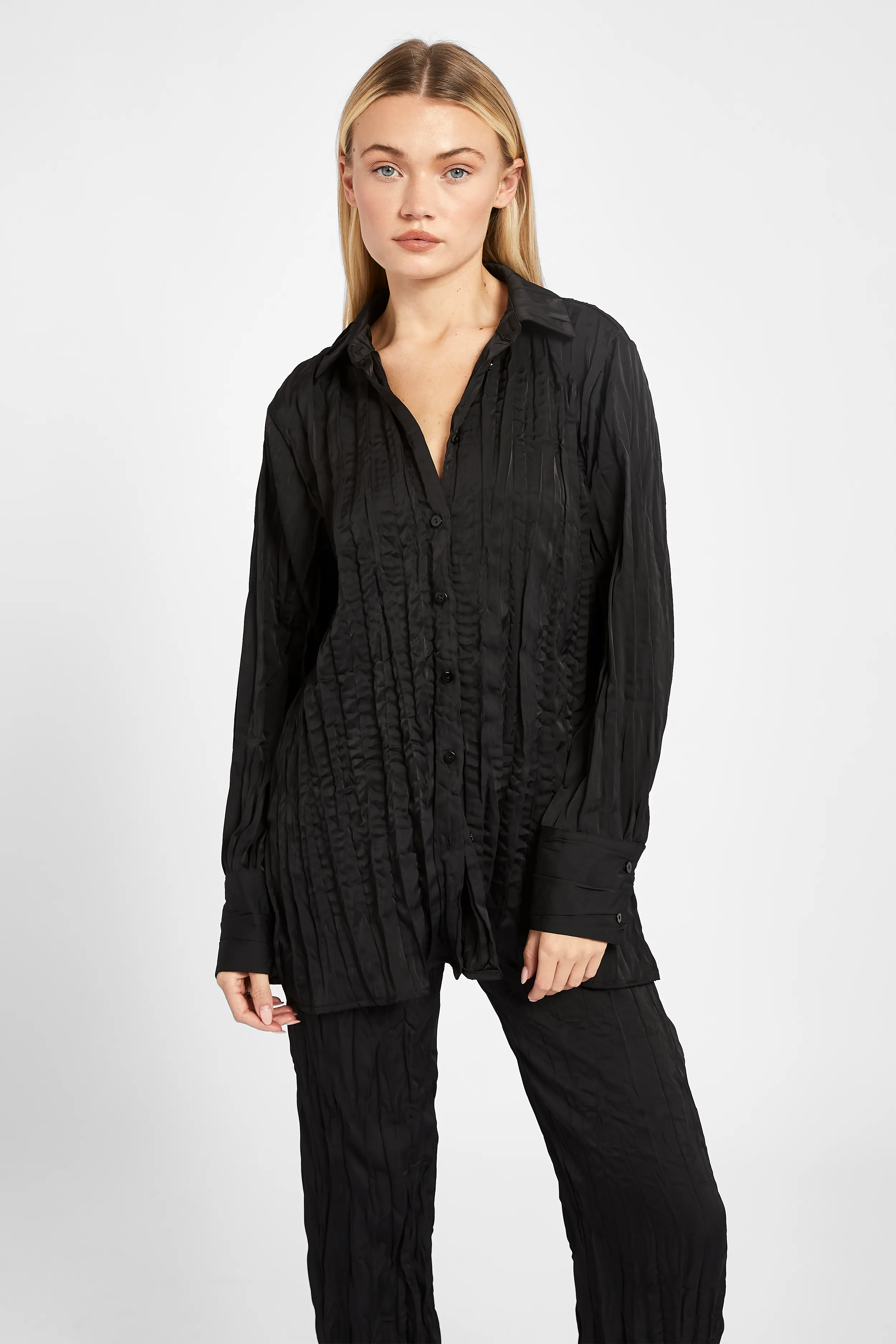 Satin Crinkle Oversized Shirt - Black sold by Because of Alice
