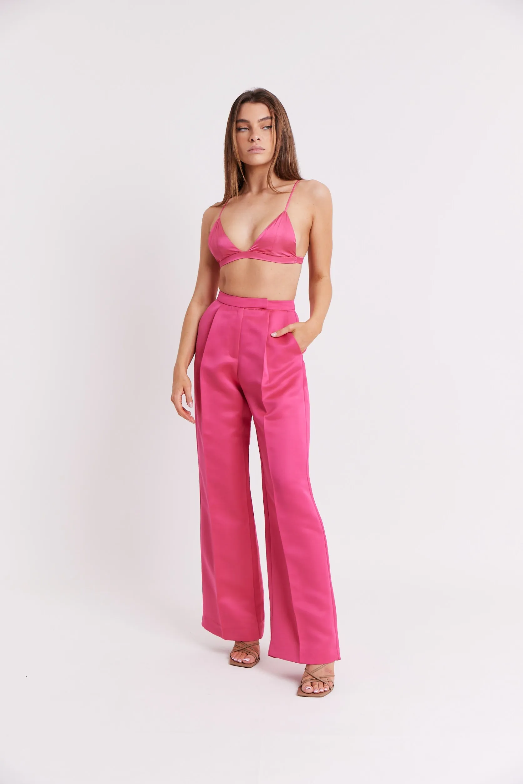 Satin Pleated Wide Leg Trousers - Flamingo Pink sold by Because of Alice