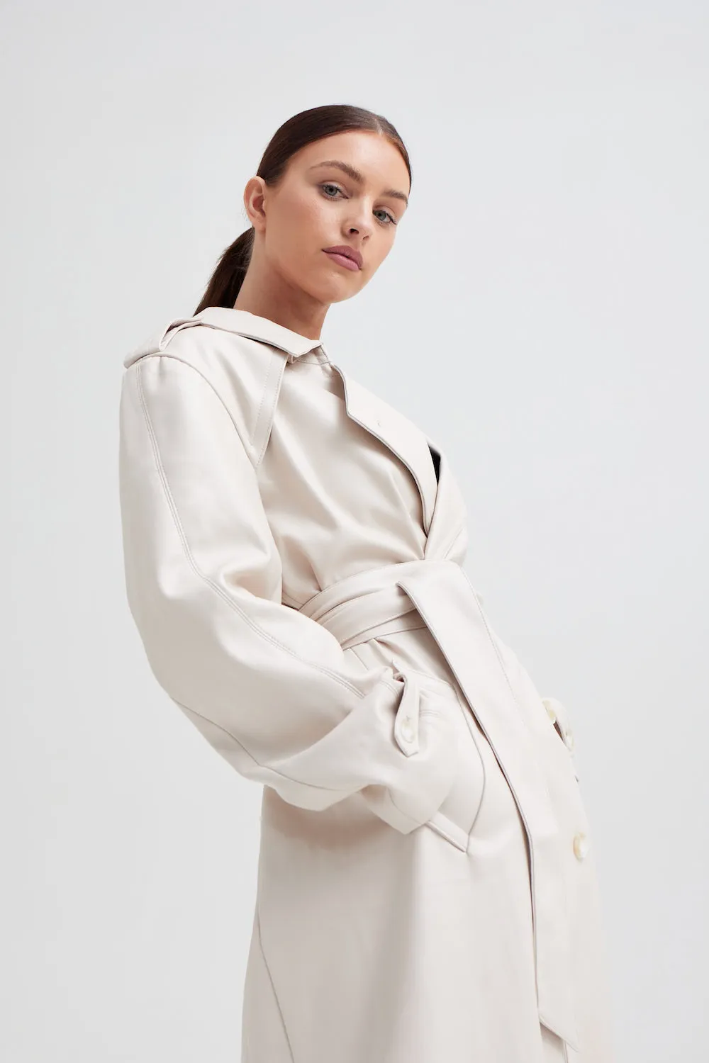 Oversized Leather Belted Trench Coat - Cream sold by Because of Alice product image thumbnail 4
