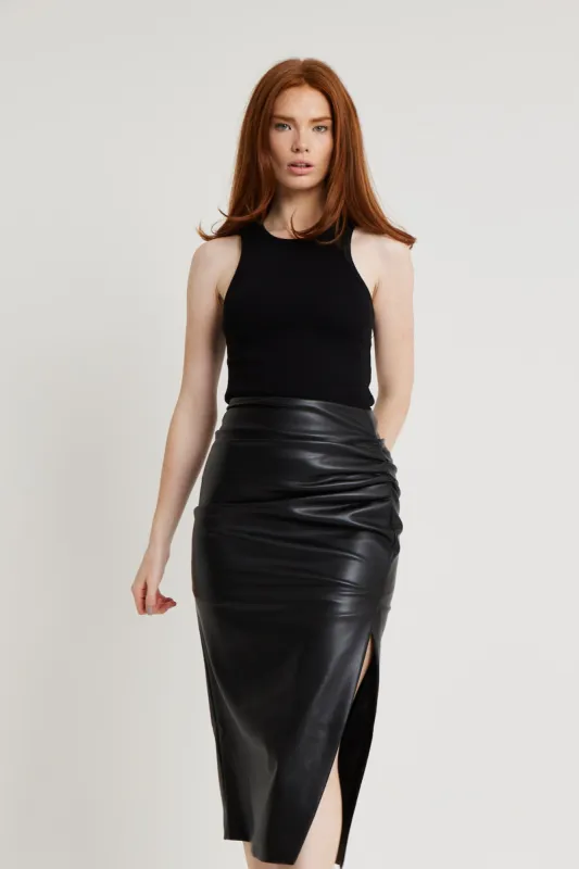 Ruched Leather Midi Skirt - Black sold by Because of Alice