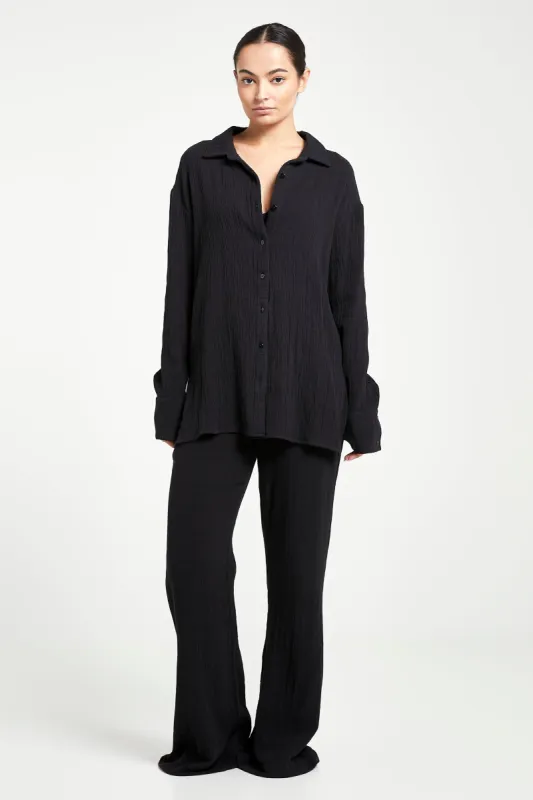 Cotton Crinkle Wide Leg Trousers - Black sold by Because of Alice