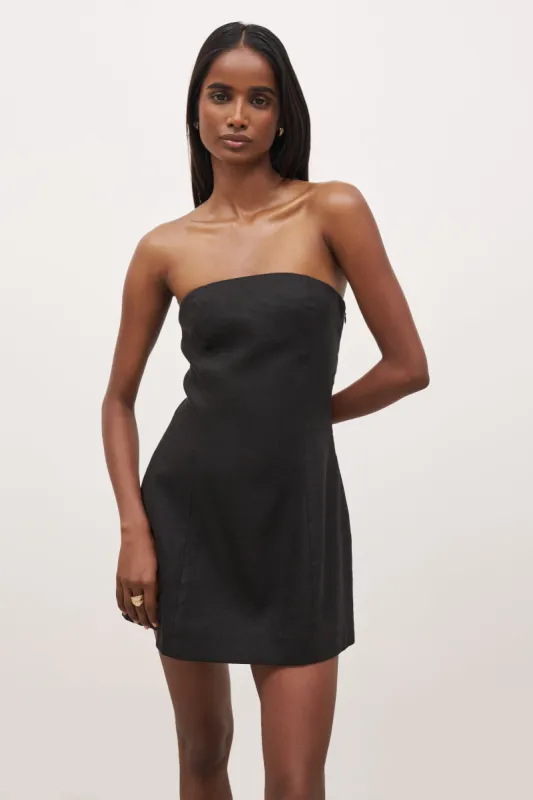 Strapless Linen A Line Mini Dress - Black sold by Because of Alice