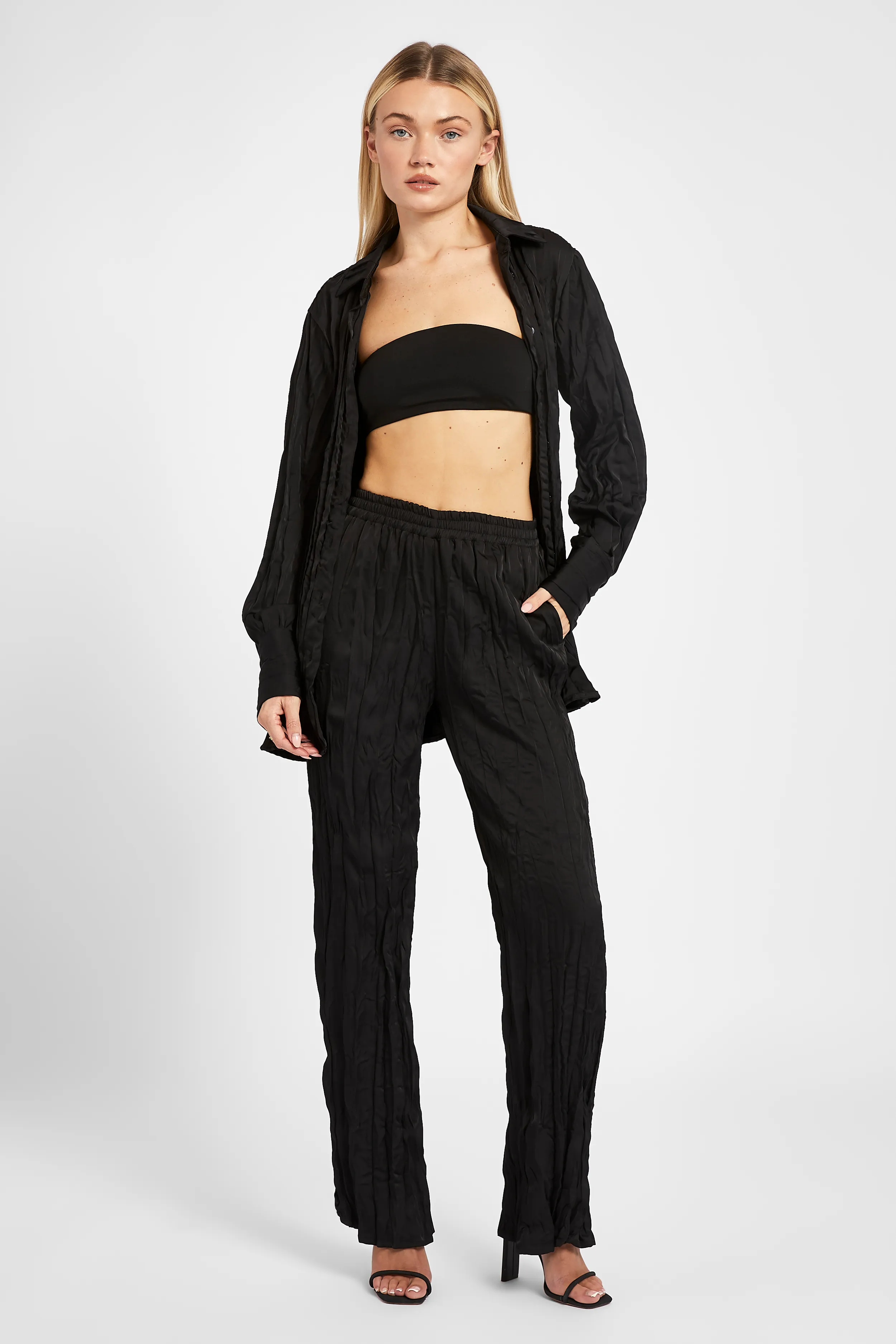 Satin Crinkle Wide Leg Trousers - Black sold by Because of Alice