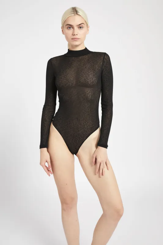 Semi Sheer High Neck Bodysuit - Black sold by Because of Alice