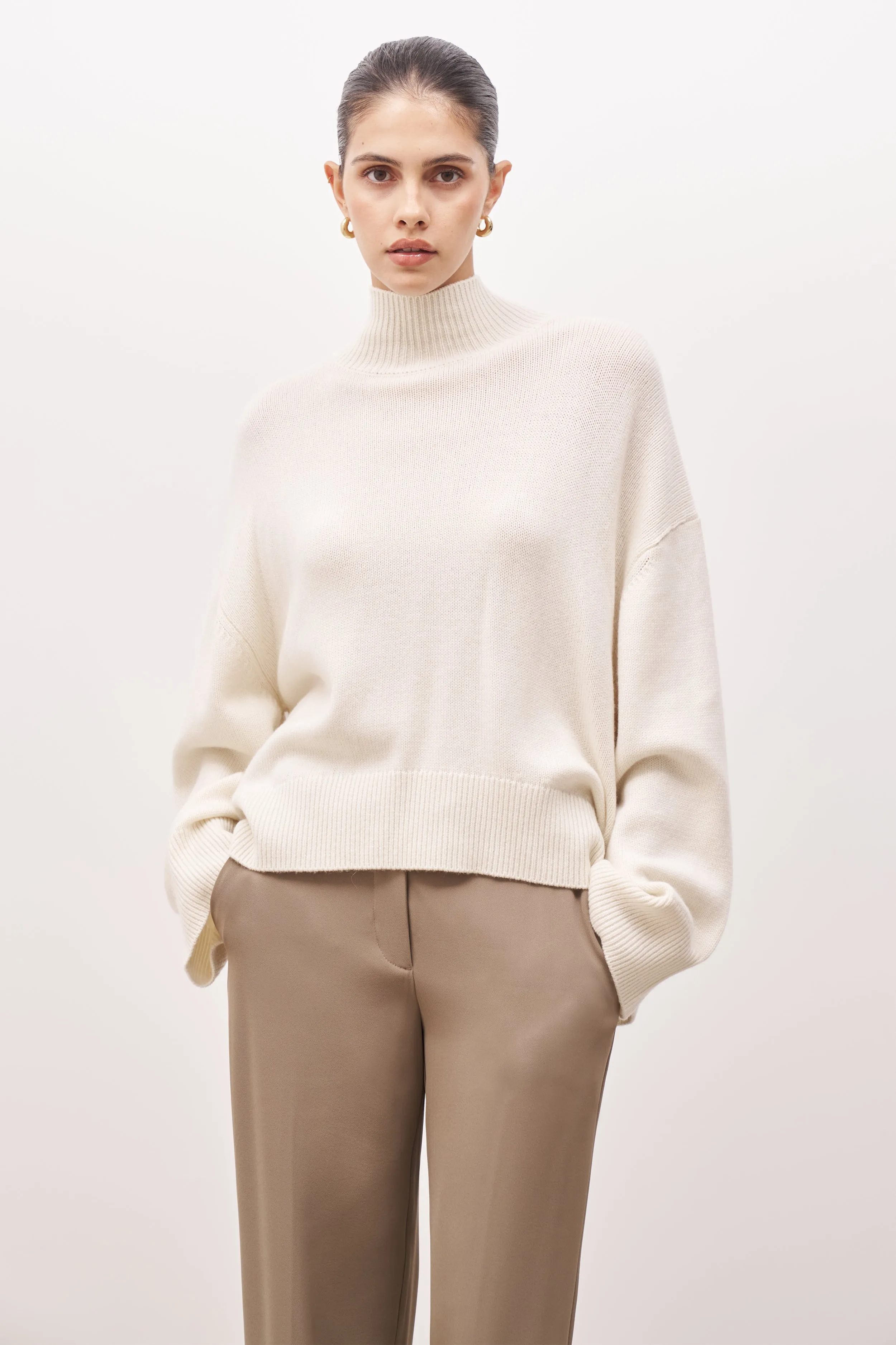Relaxed High Neck Cashmere Blend Jumper - Cream sold by Because of Alice