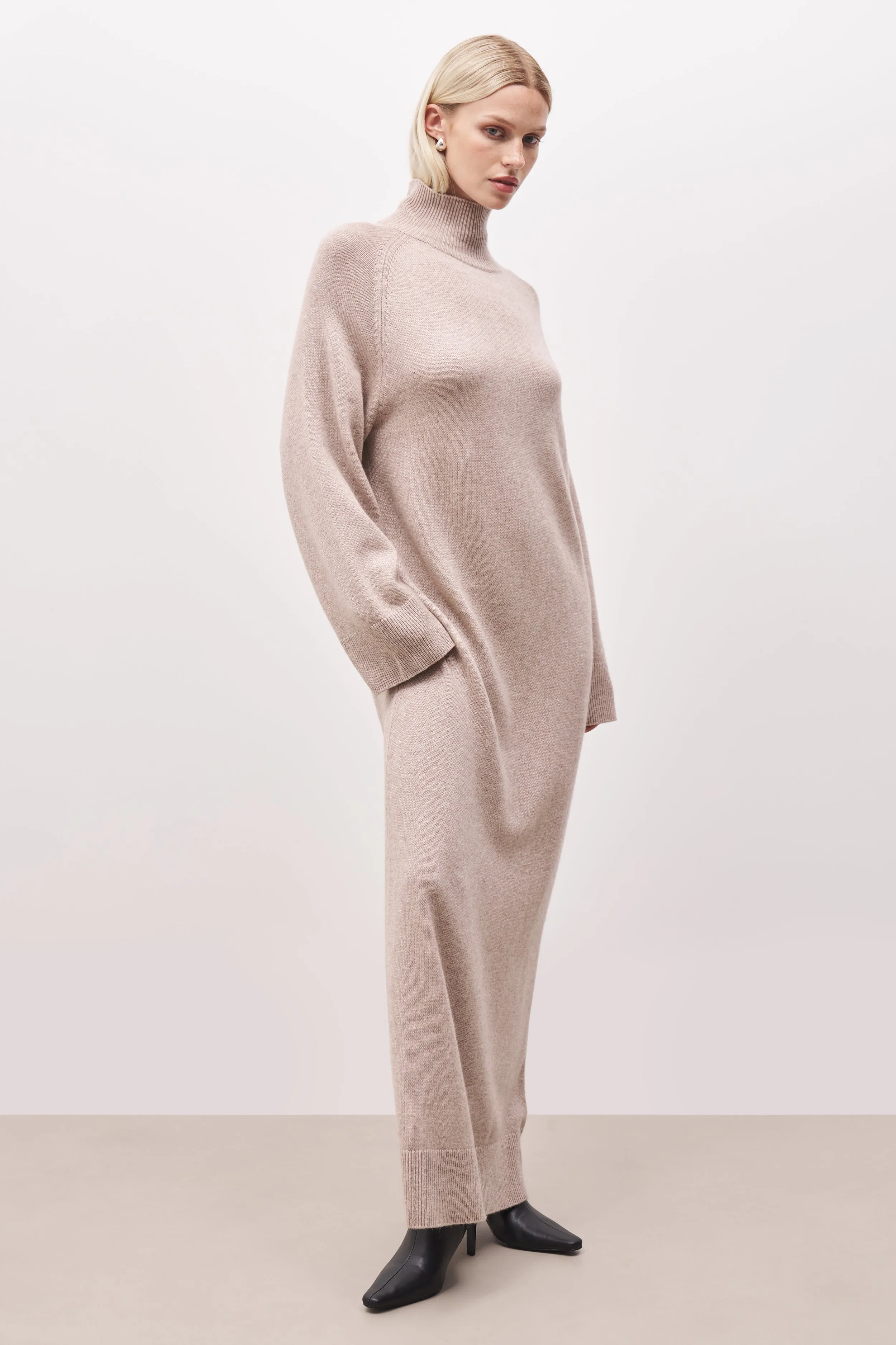 Relaxed High Neck Cashmere Blend Maxi Dress - Stone sold by Because of Alice product image thumbnail 3