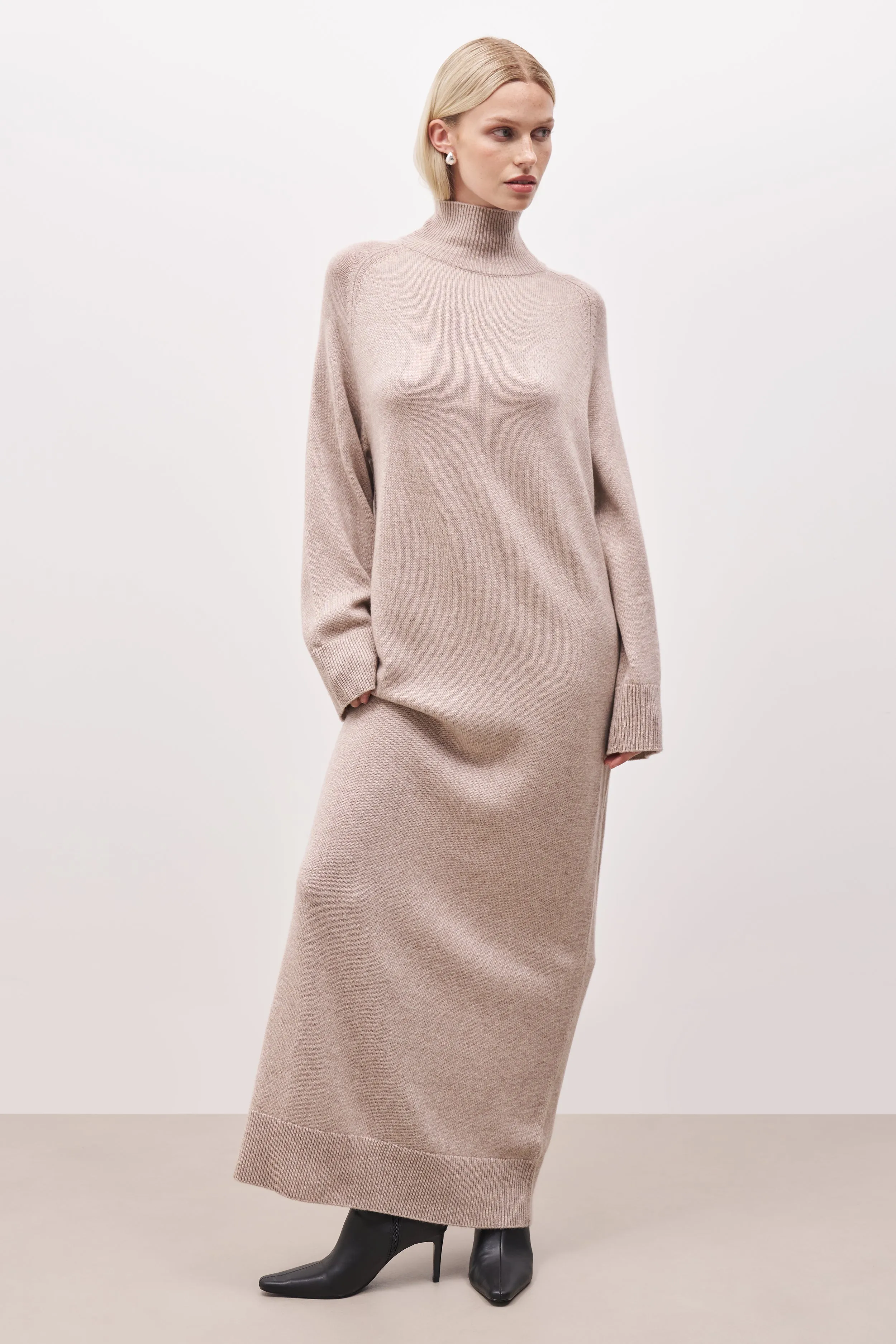 Relaxed High Neck Cashmere Blend Maxi Dress - Stone sold by Because of Alice