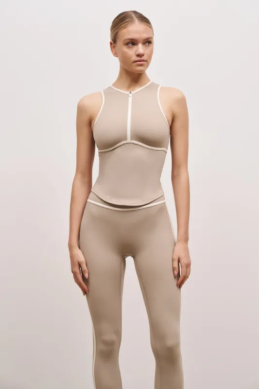 Base Contrast Trim Sleeveless Zip Up Jacket - Taupe/Tofu sold by Because of Alice