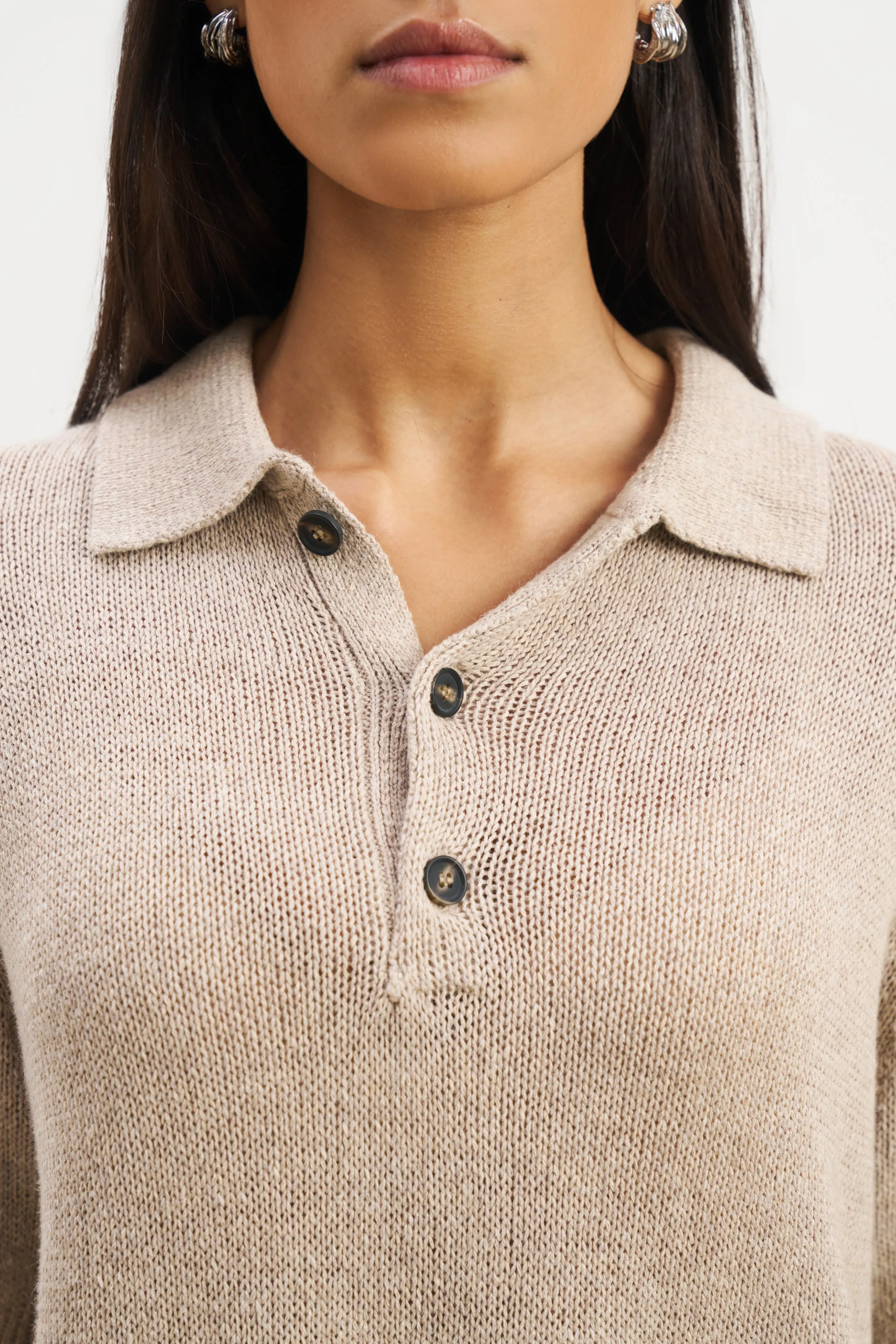 Relaxed Knit Linen Blend Polo - Stone sold by Because of Alice product image thumbnail 2