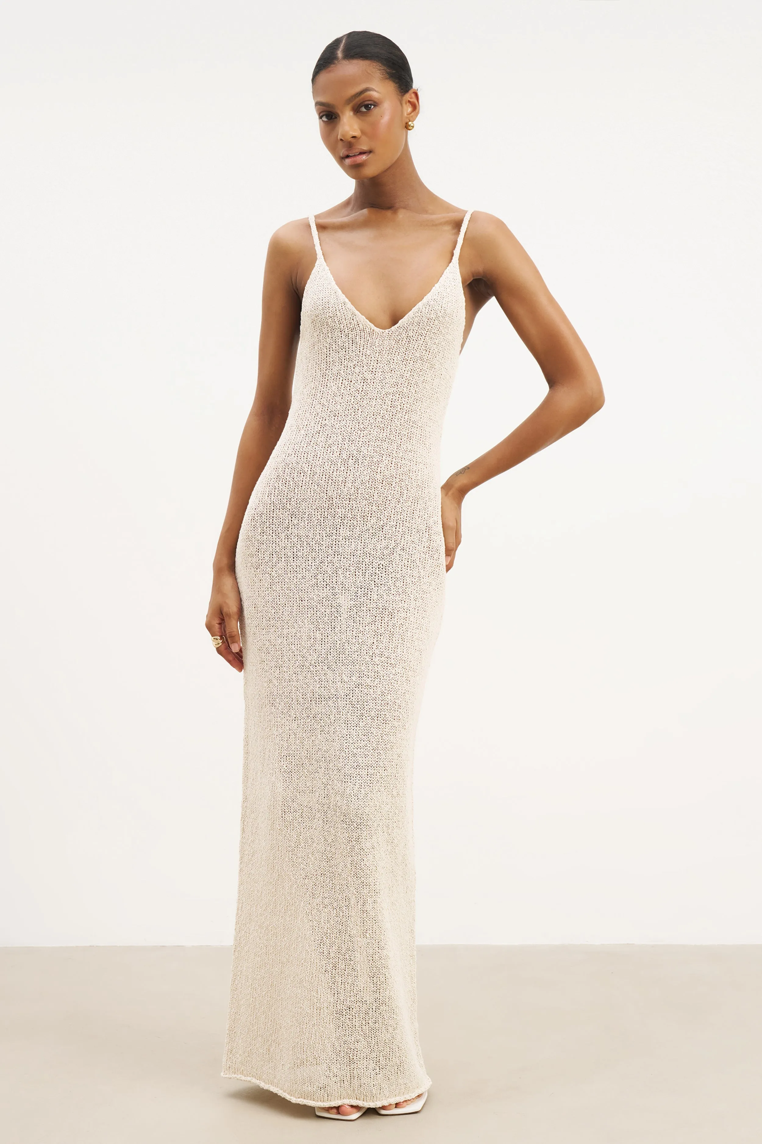 Crochet Knit Plunging Cami Maxi Dress - Cream sold by Because of Alice