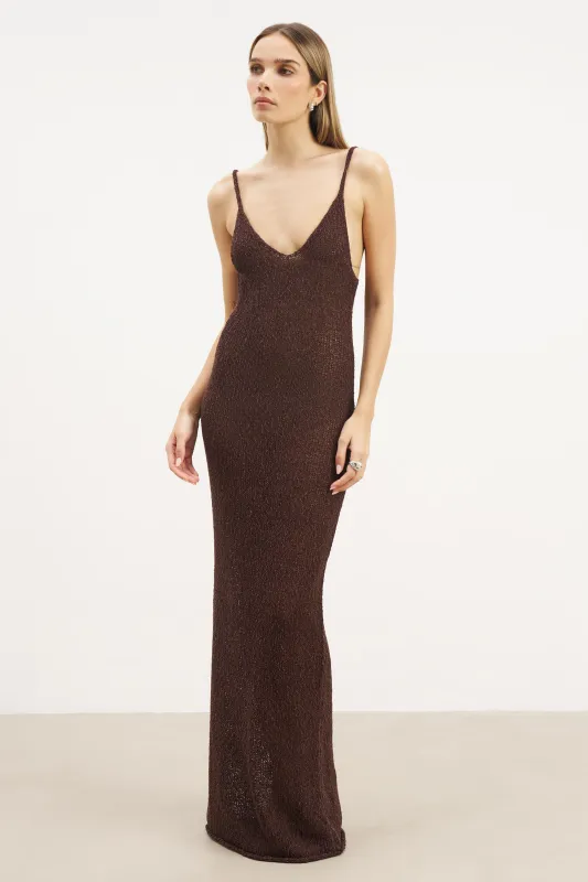 Crochet Knit Plunging Cami Maxi Dress - Carob sold by Because of Alice