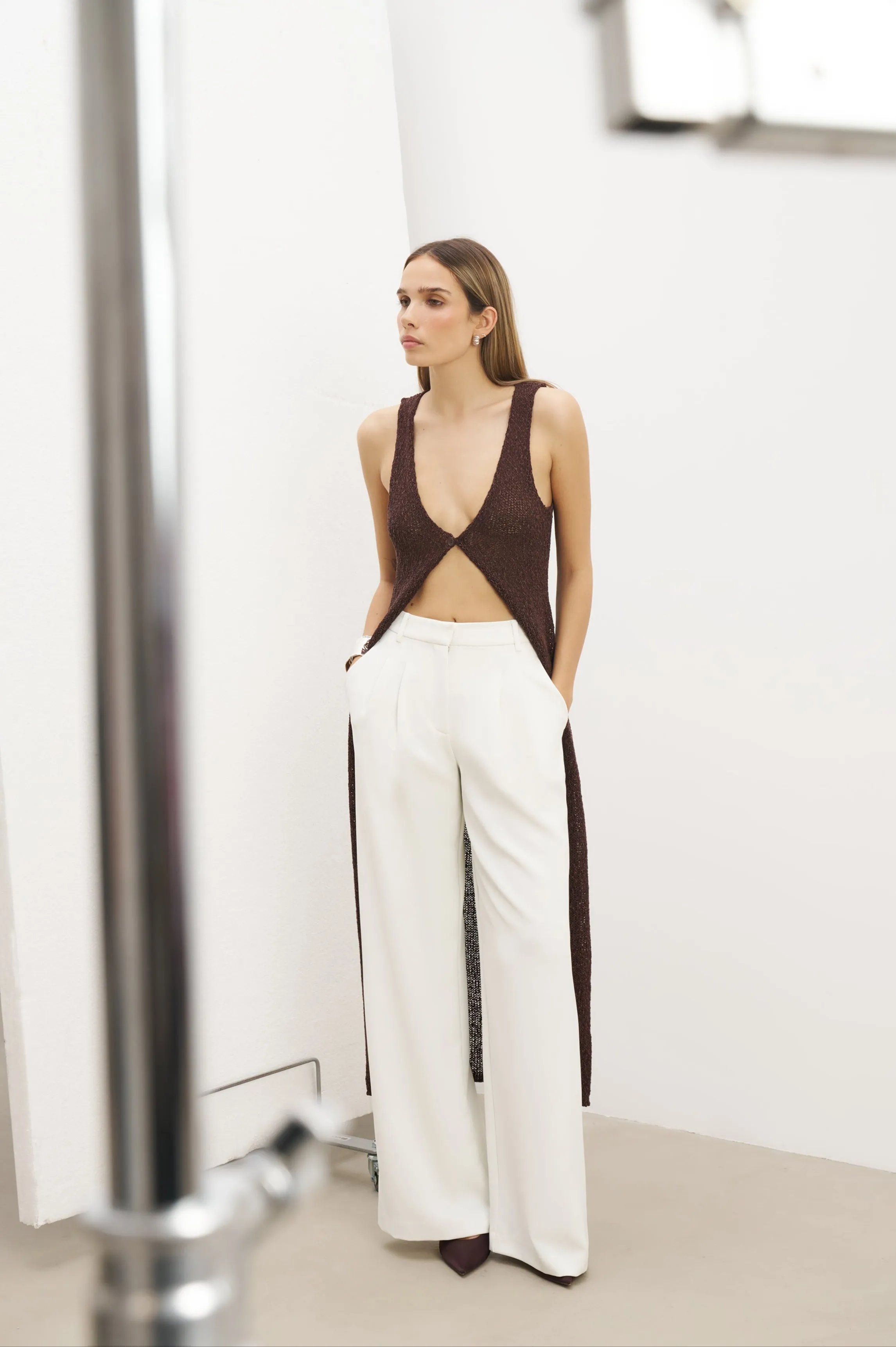 Crochet Knit V Neck Maxi Waistcoat - Carob sold by Because of Alice