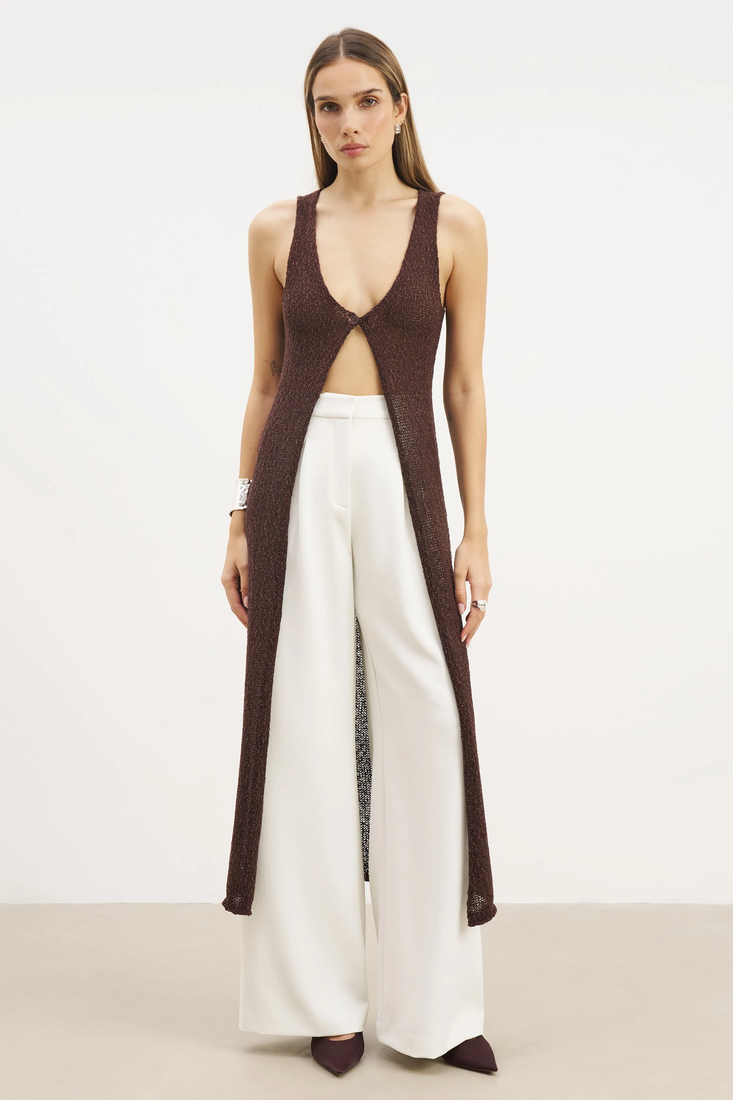 Crochet Knit V Neck Maxi Waistcoat - Carob sold by Because of Alice product image thumbnail 2