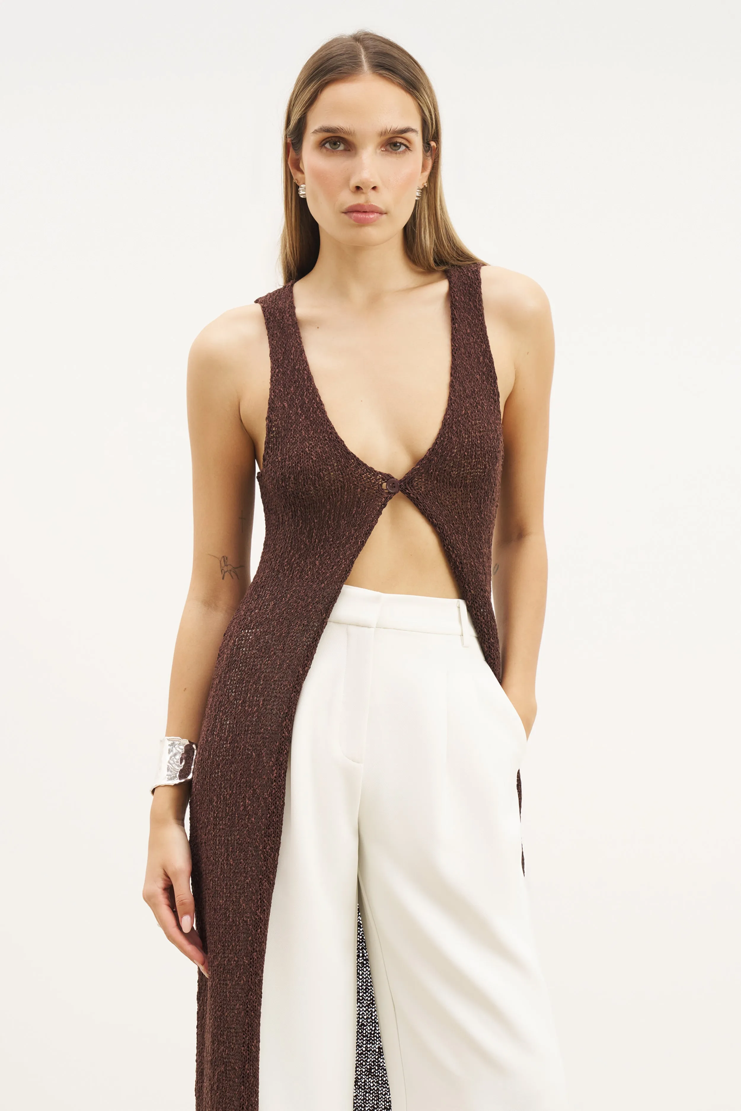 Crochet Knit V Neck Maxi Waistcoat - Carob sold by Because of Alice product image thumbnail 3