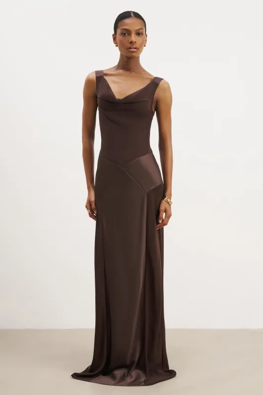 Cowl Neck Satin Panel Gown - Carob sold by Because of Alice