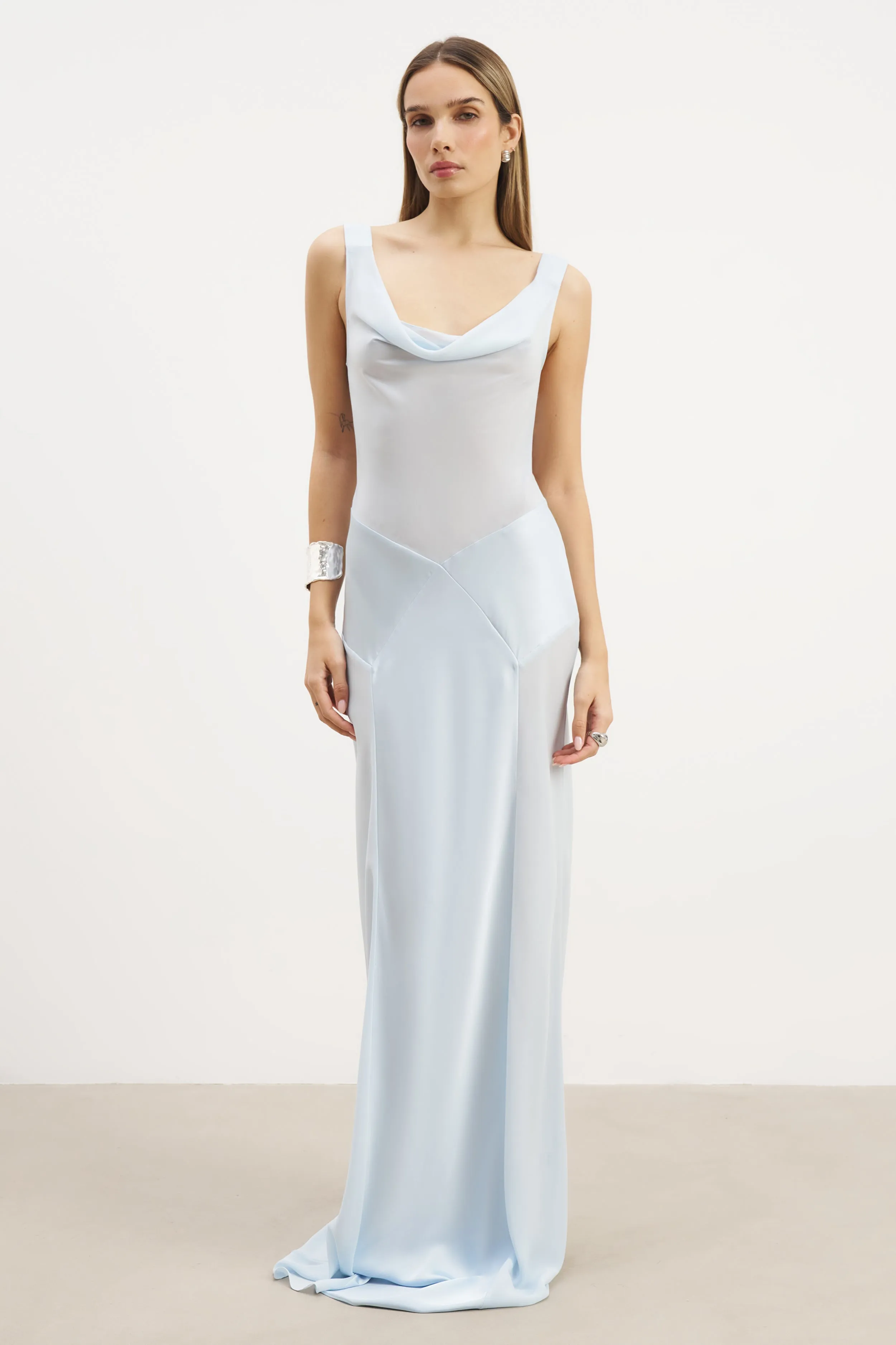 Cowl Neck Satin Panel Gown - Powder Blue sold by Because of Alice
