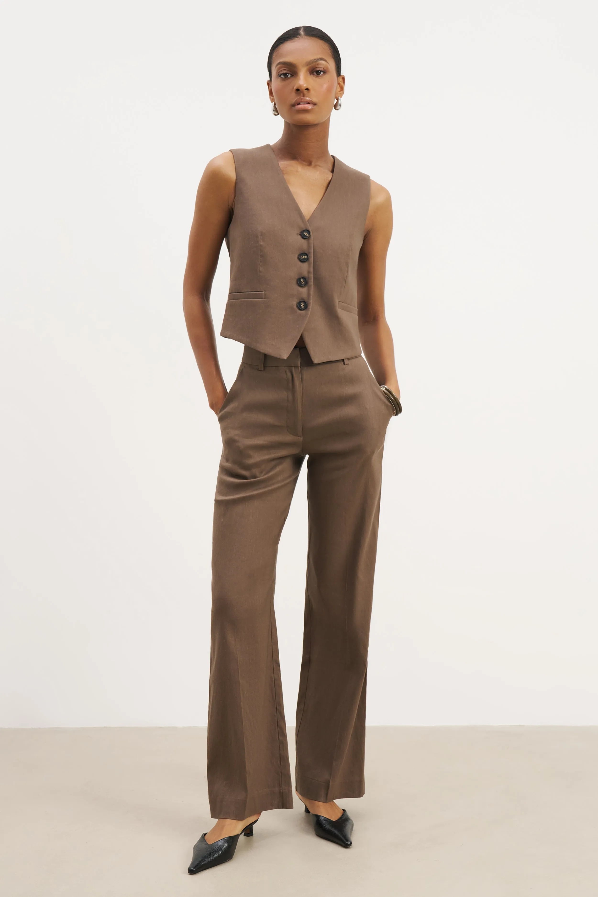 Tailored Linen High Rise Trousers - Truffle sold by Because of Alice product image thumbnail 5