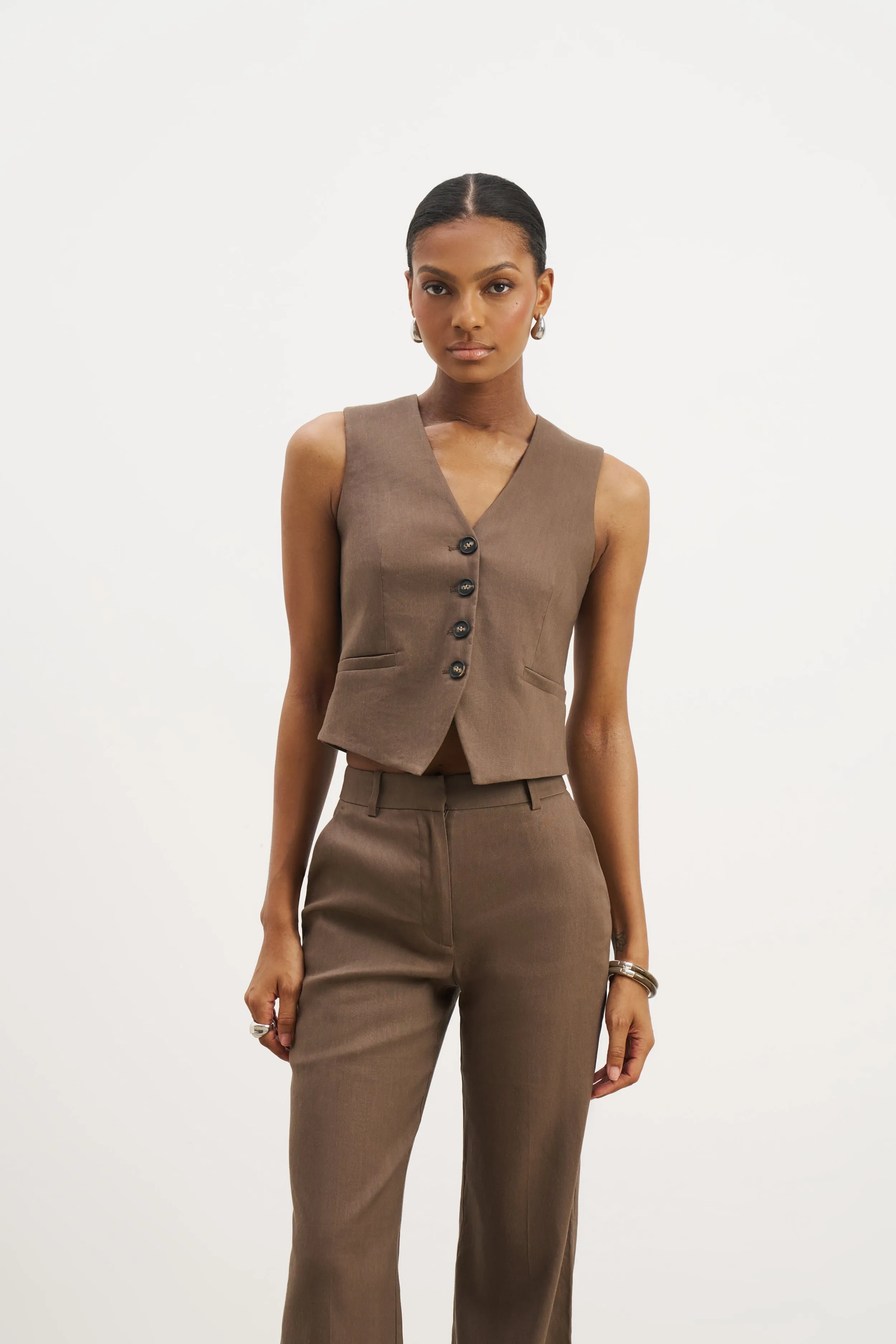 Tailored Linen High Rise Trousers - Truffle sold by Because of Alice product image thumbnail 4