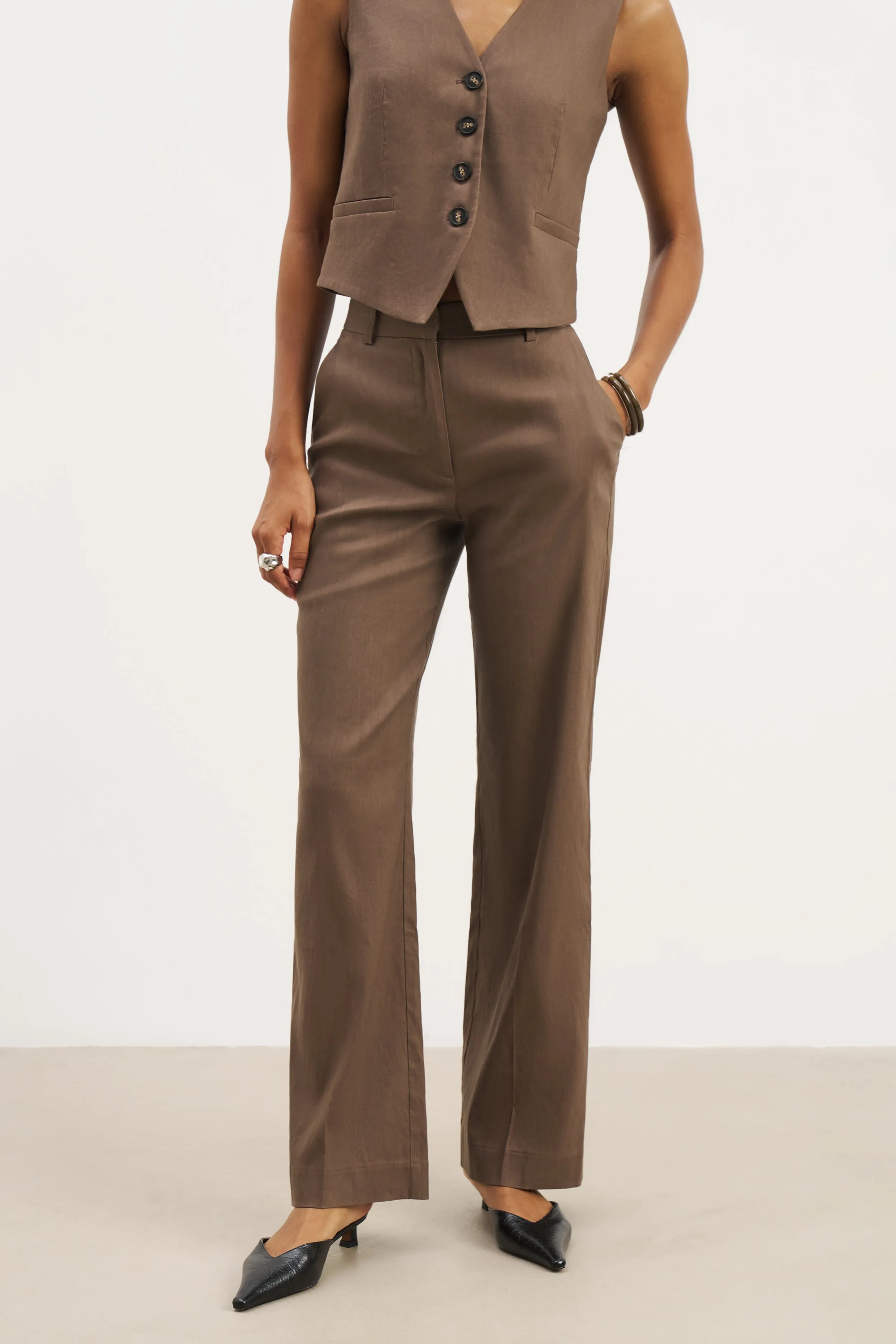 Tailored Linen High Rise Trousers - Truffle sold by Because of Alice product image thumbnail 3