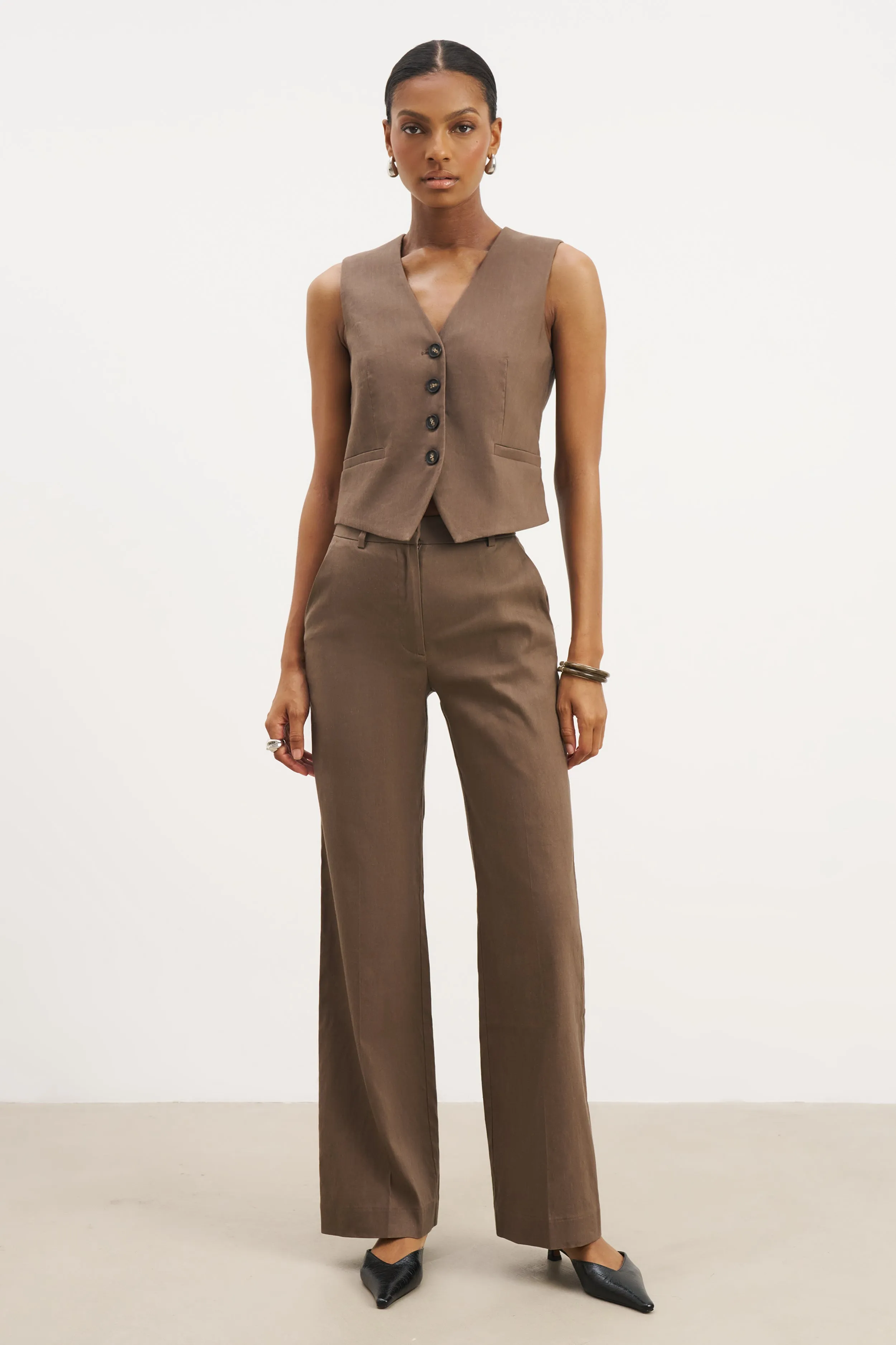 Tailored Linen High Rise Trousers - Truffle sold by Because of Alice product image thumbnail 2