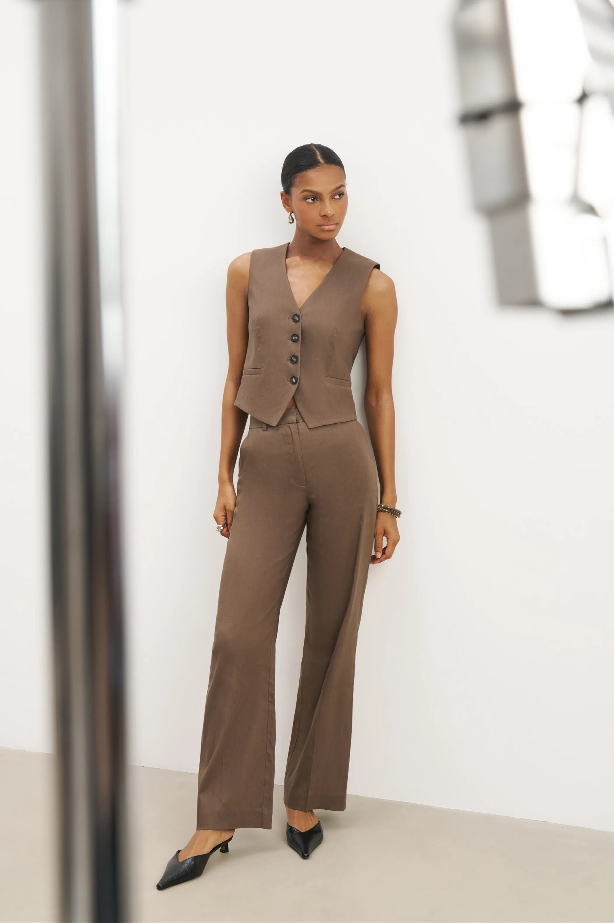 Tailored Linen High Rise Trousers - Truffle sold by Because of Alice