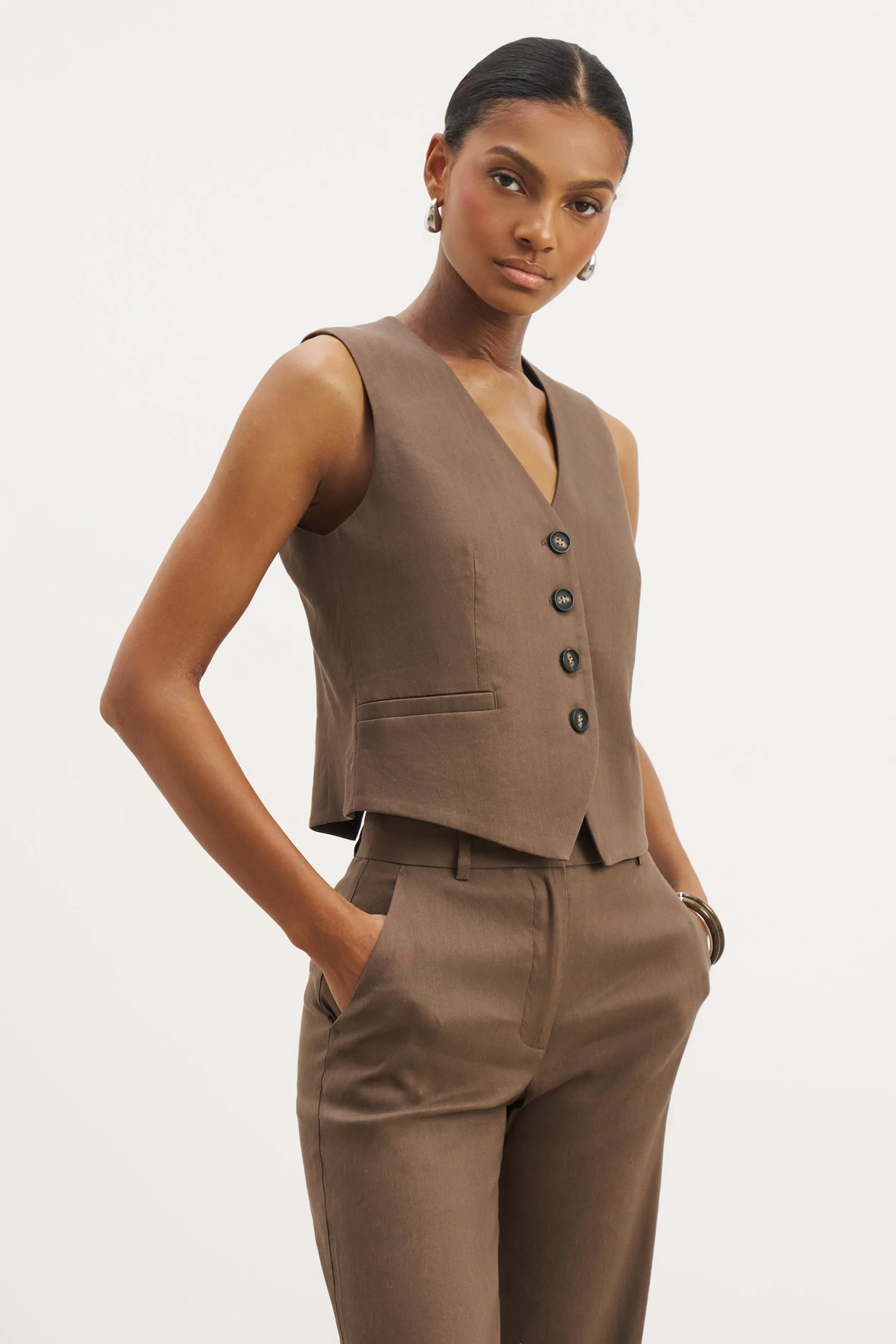 Straight Cut Linen Waistcoat - Truffle sold by Because of Alice