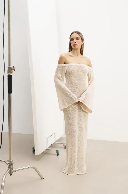 Crochet Knit Off Shoulder Maxi Dress - Cream sold by Because of Alice