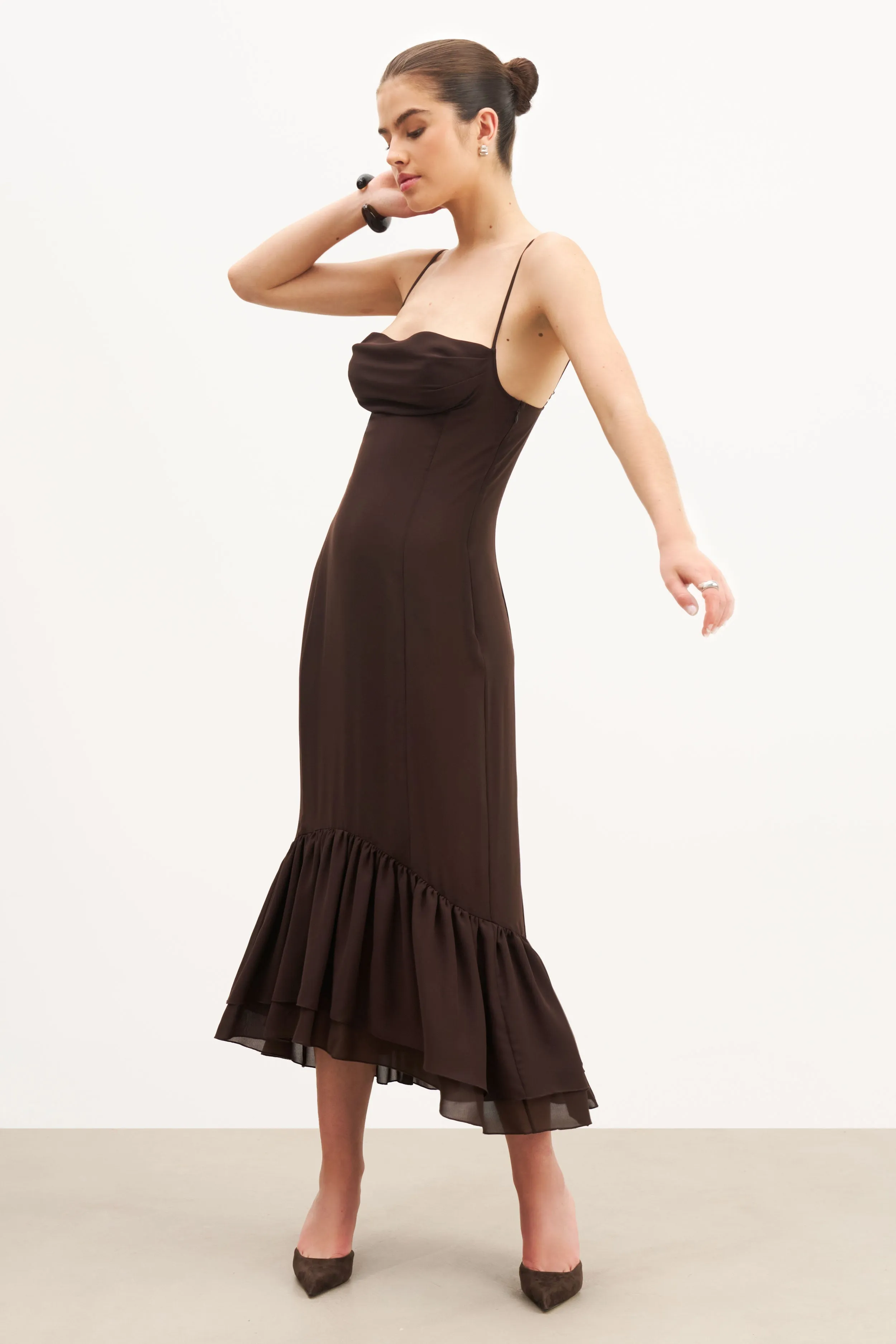 Chiffon Ruffle Ruched Bust Midi Dress - Carob sold by Because of Alice product image thumbnail 4
