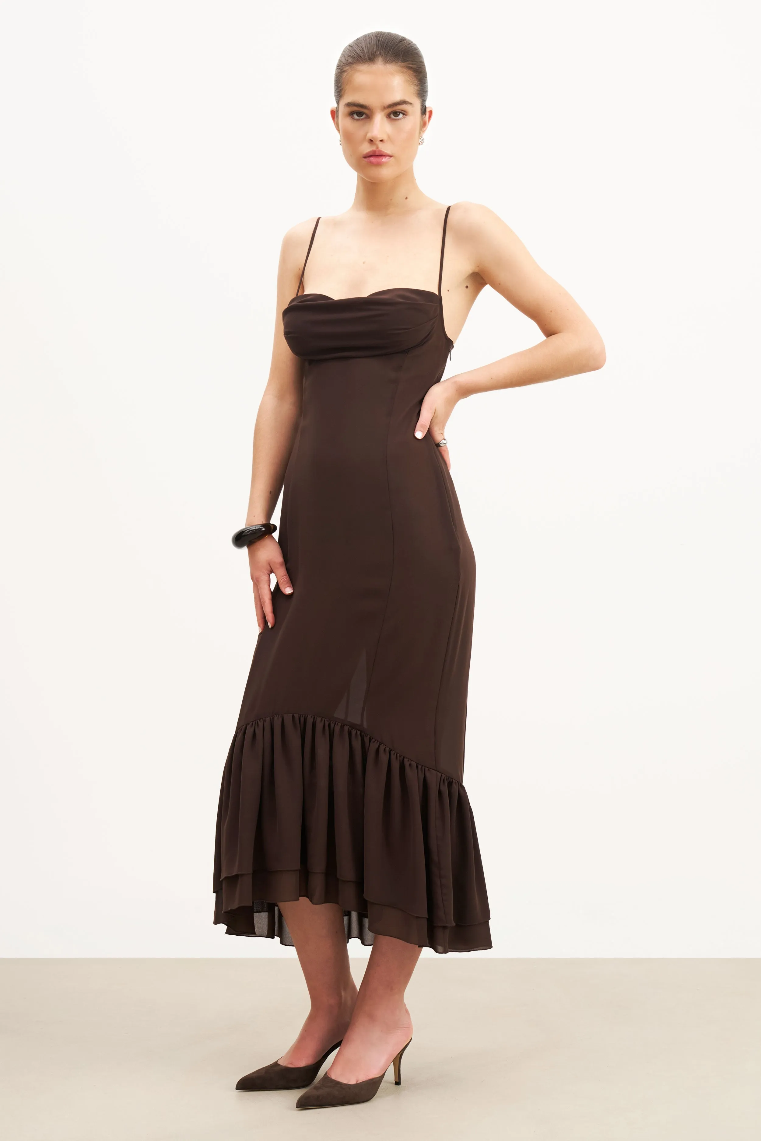 Chiffon Ruffle Ruched Bust Midi Dress - Carob sold by Because of Alice product image thumbnail 2