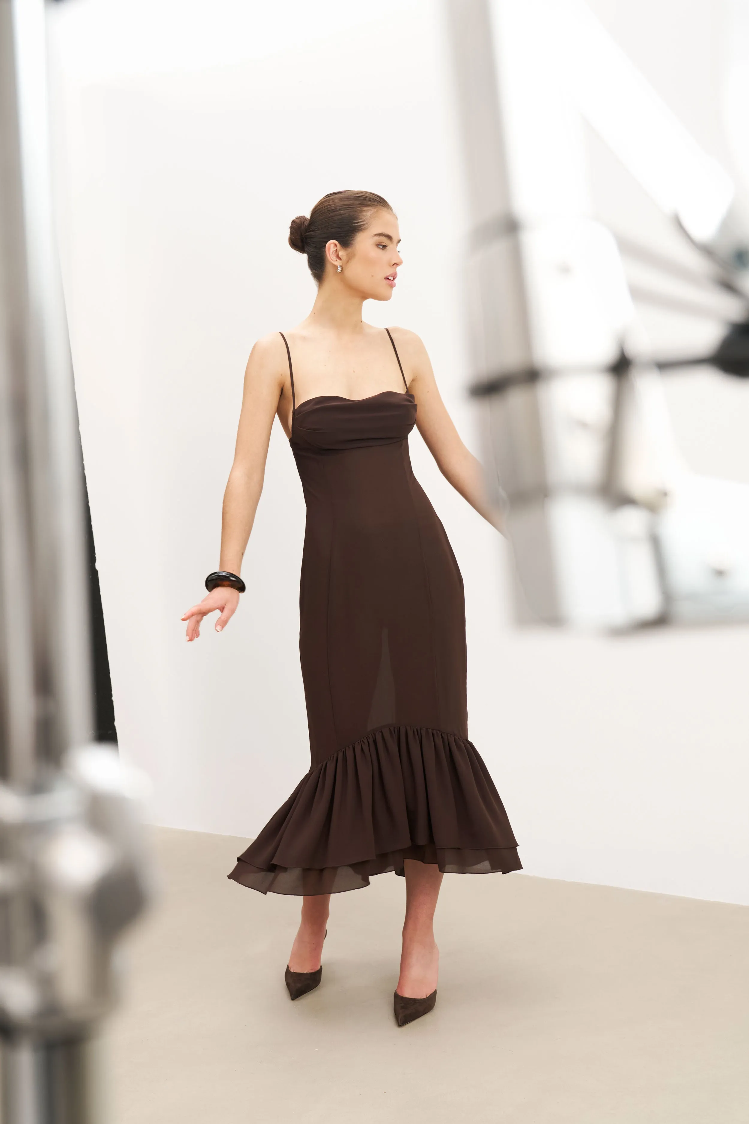 Chiffon Ruffle Ruched Bust Midi Dress - Carob sold by Because of Alice