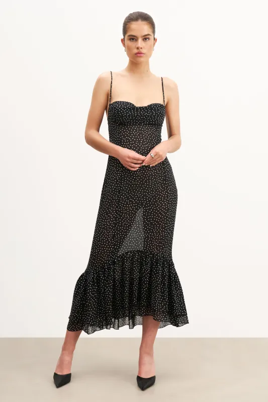 Chiffon Ruffle Ruched Bust Midi Dress - Mini Polka Dot sold by Because of Alice